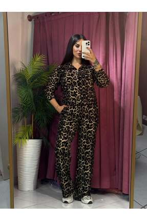 inci bayan giyim YAKALI FERMUARLI LEOPAR TAKIM/KAHVERENGİ