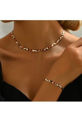 sssse Leopar Desenli Düz Yılan Zincir Bileklik ve kolye