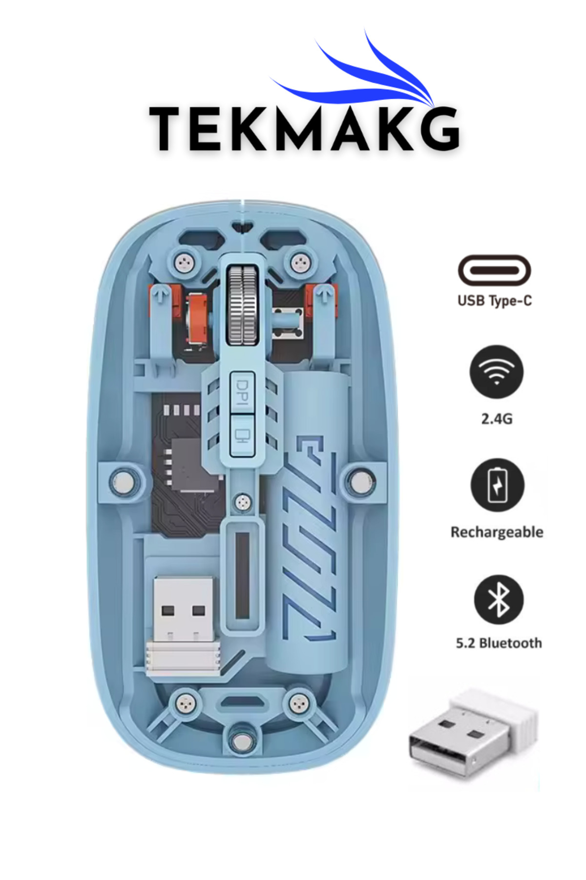 1201 Şeffaf Kablosuz Mouse Type-C Şarjlı Bluetooth 5.2 + 2.4G Çift Mod Optik Mouse