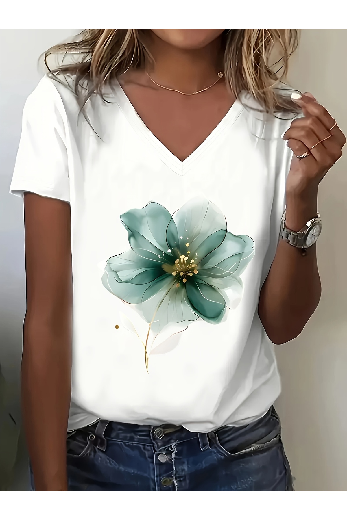 mercoledi Decolteu în V Floral cu imprimeu Regular tricou Confortabil croială