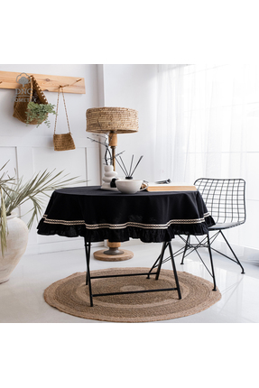 DNC home tekstil Buldan Keteni Siyah Yuvarlak Fırfırlı ÖZEL SERİ Masa Örtüsü