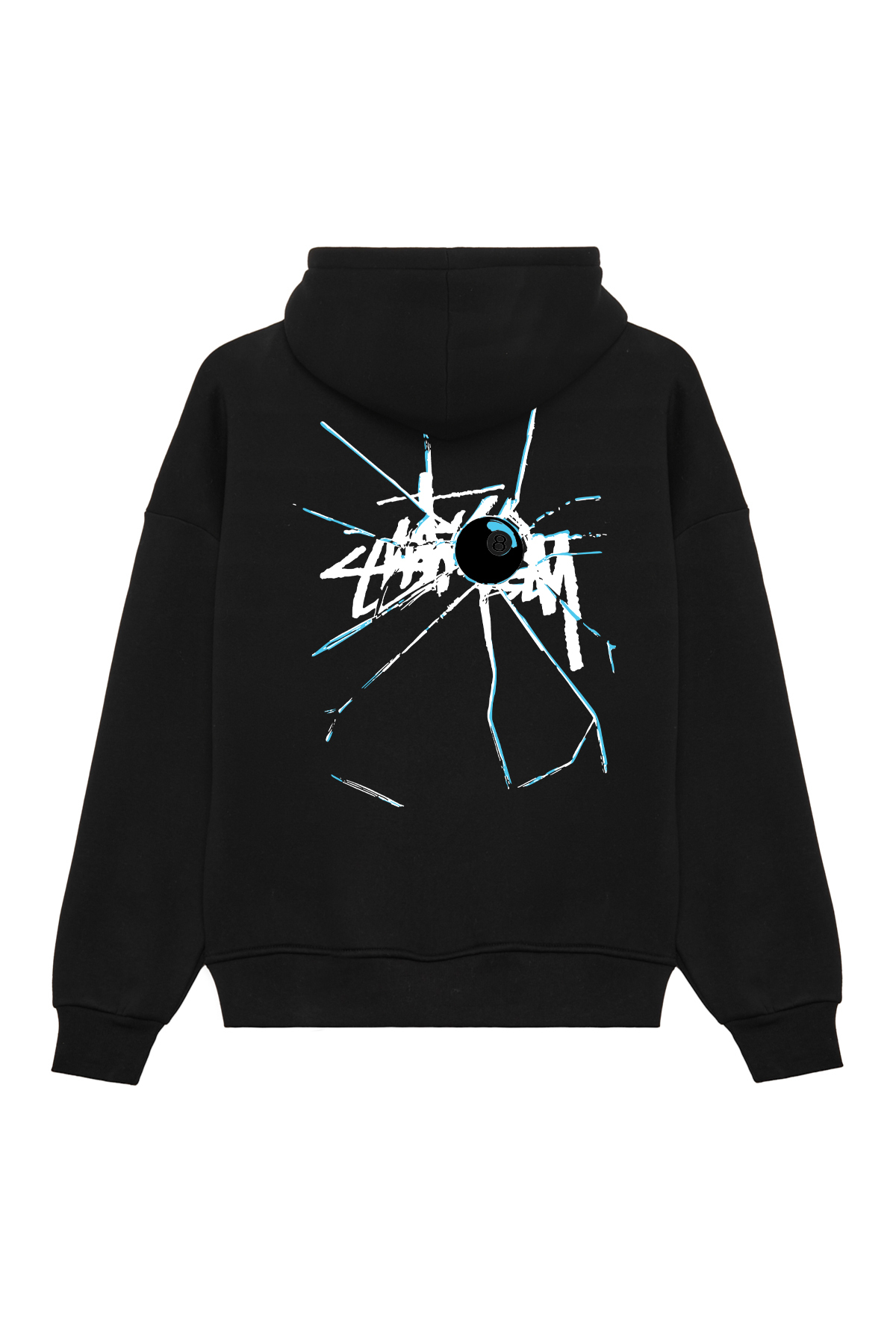 Unisex Kırık Cam Baskılı Oversize Bol Kesim Pamuklu 3 İplik Şardonlu Siyah Kapüşonlu Sweatshirt