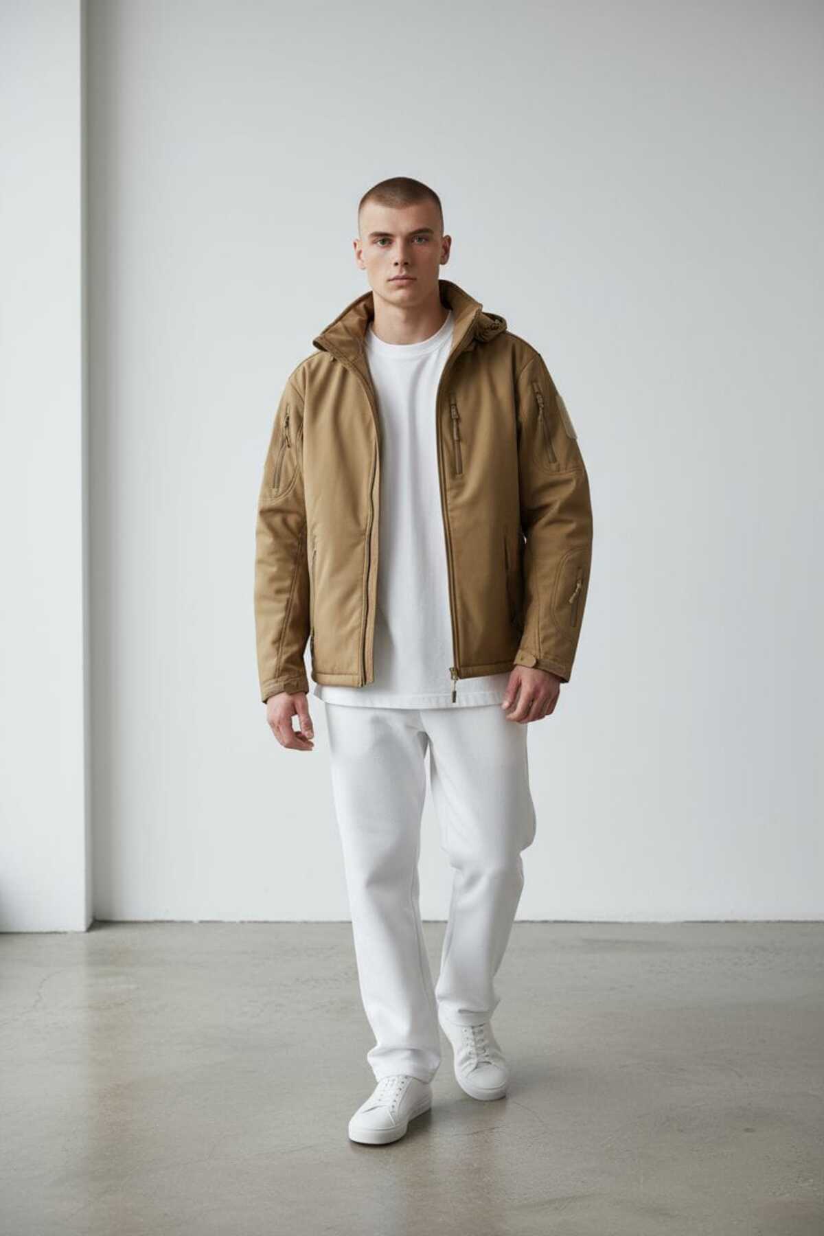 kacaraskerigiyim Erkek Camel Kapüşonlu Mevsimlik Outdoor Mont