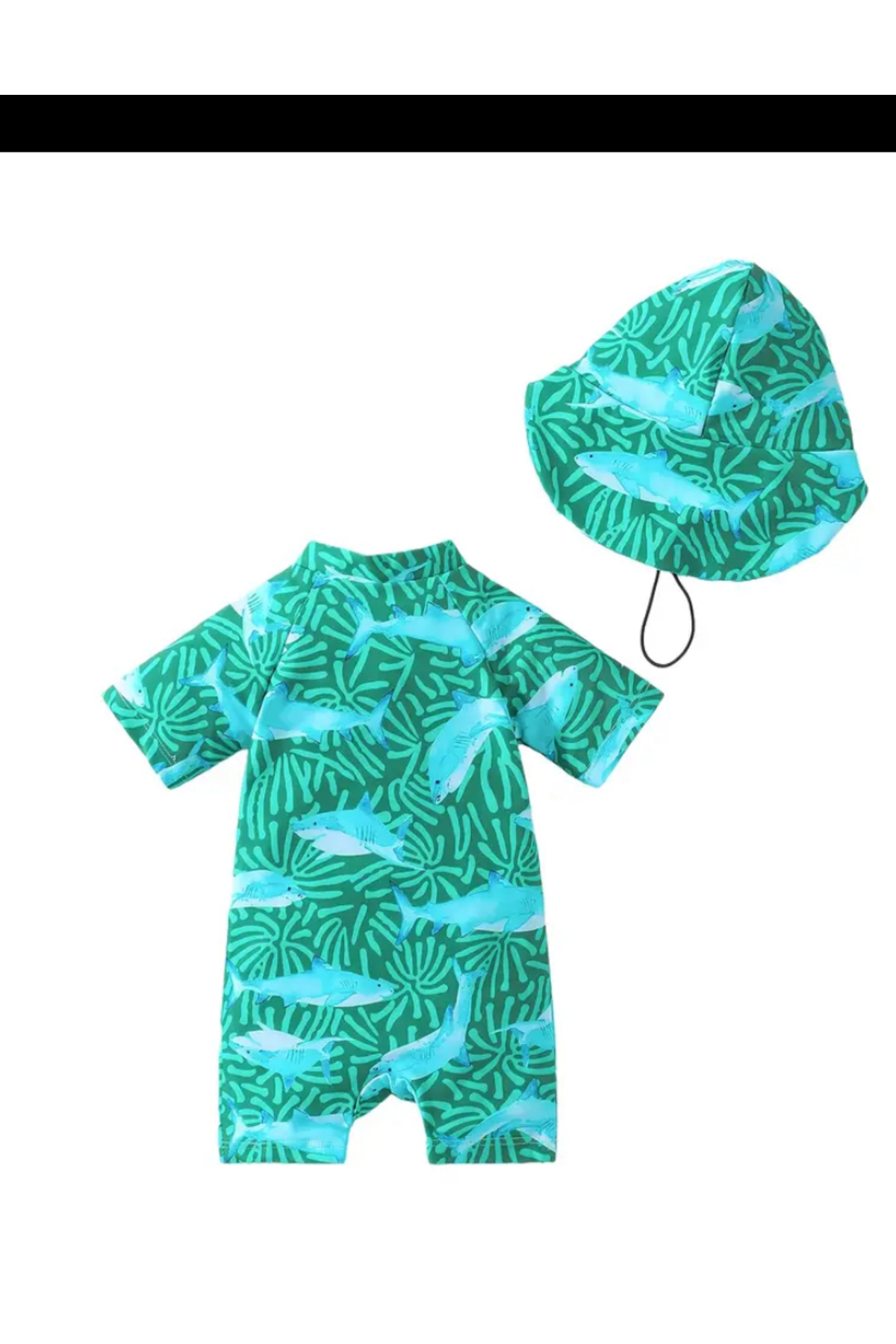 MODA Erkek Bebek Balık Desenli Fermuarlı Kısa Kollu Tulum Mayo ve Şapka Seti fotoğrafı 2 (önizleme)