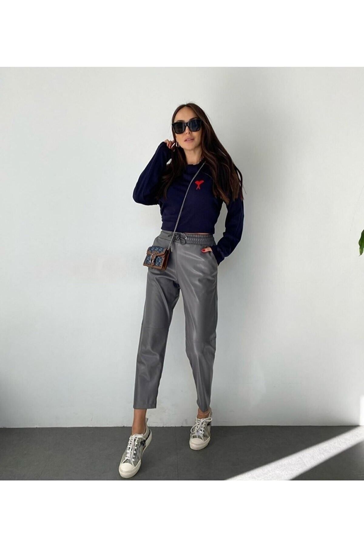 Fechka LOS FECHKA Pantaloni din piele de culoare gri cu șireturi în talie ...