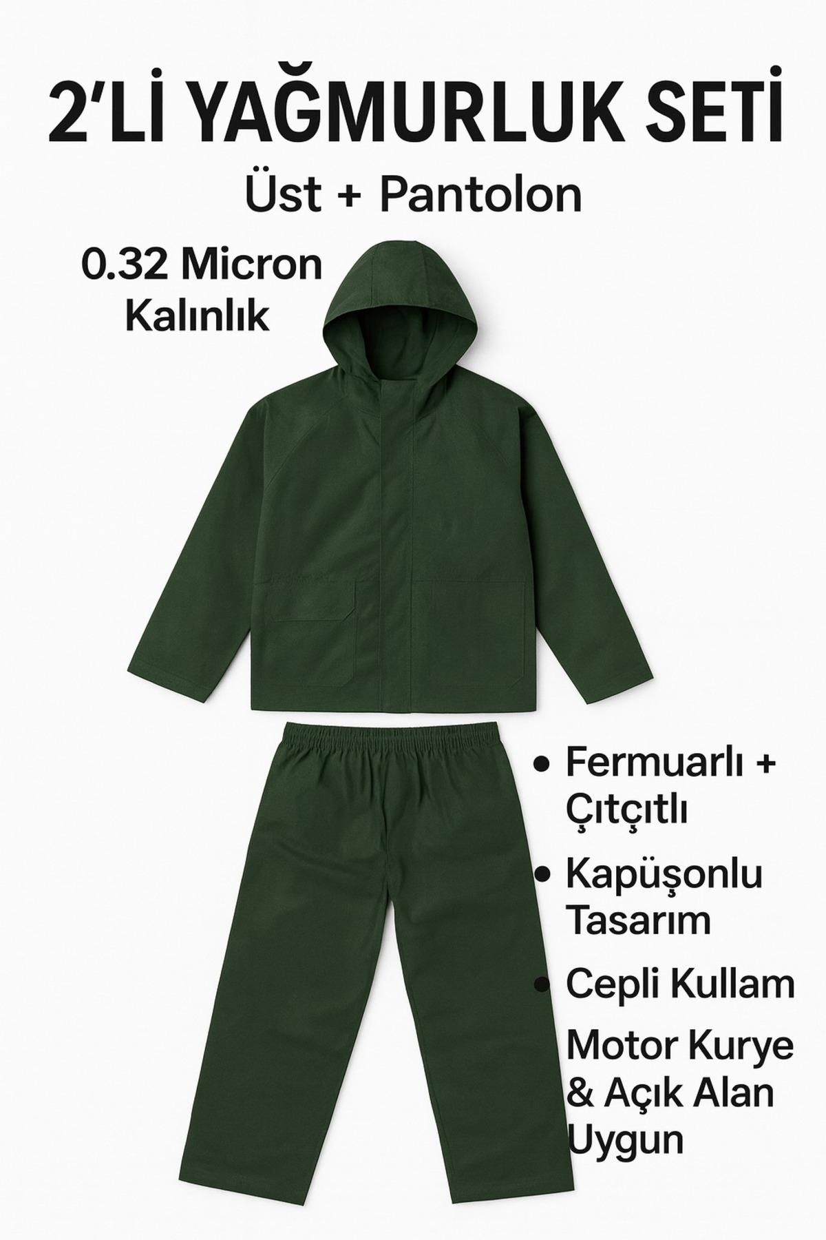 Yeşil 2’li Yağmurluk Takımı 0.32 Micron Kalın Cepli Kapüşonlu Fermuarlı Çıtçıtlı (Üst+Pantolon) — سبز 12415124124