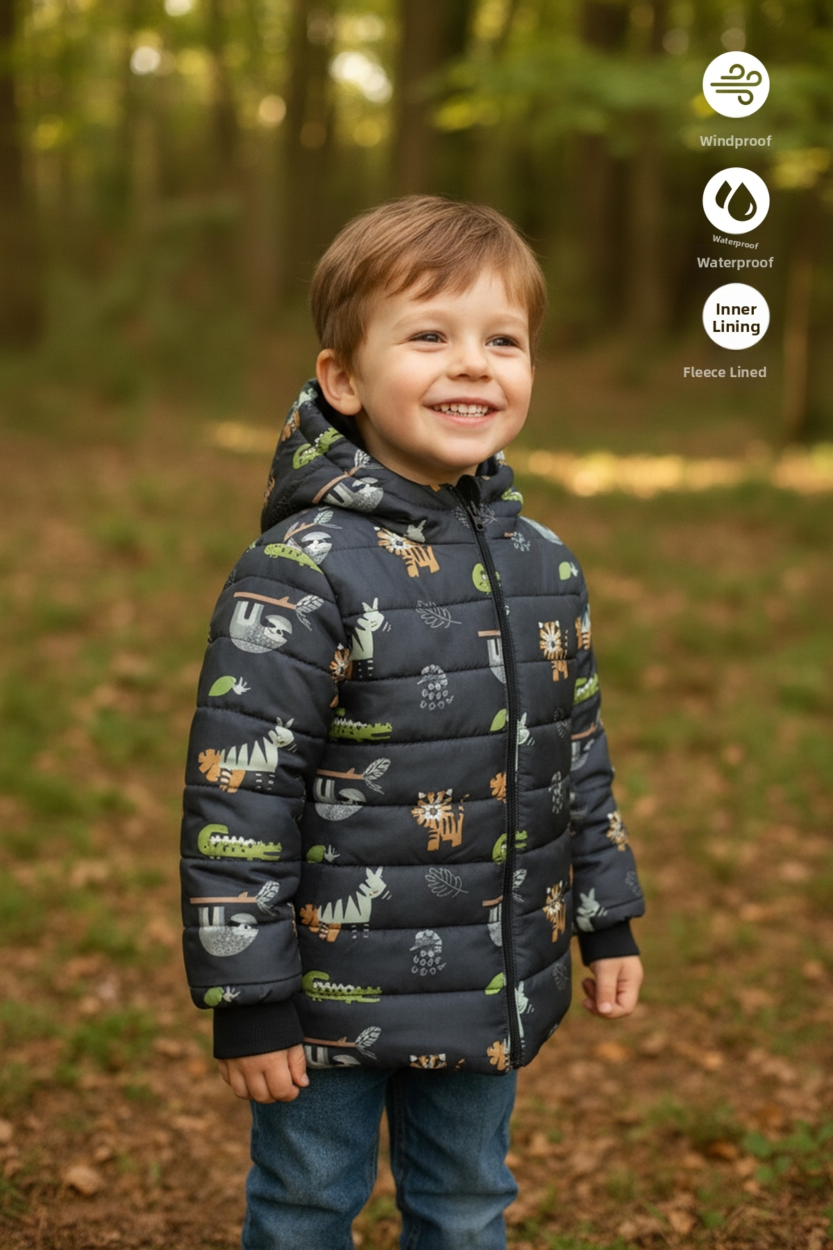 Merdia Detský kabát s kapucňou a figúrkami zvieratiek - kožušinka vo vnútri