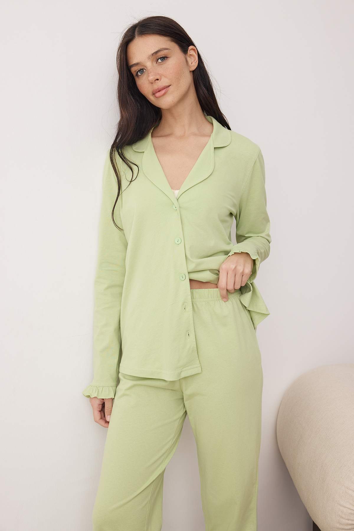 Trendyolmilla  Mint %100 Pamuklu Fırfırlı Örme Pijama Takımı THMAW24PT00007 - Görsel 2