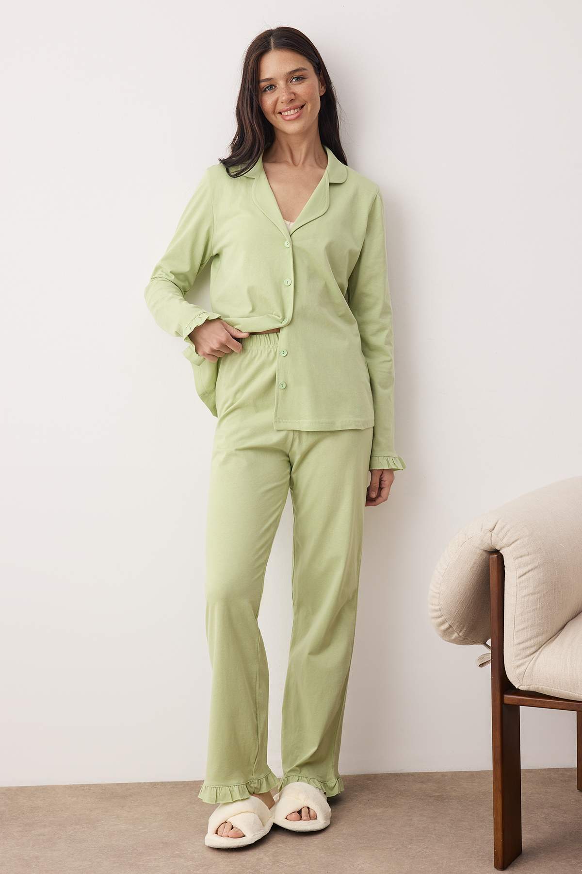 Trendyolmilla  Mint %100 Pamuklu Fırfırlı Örme Pijama Takımı THMAW24PT00007