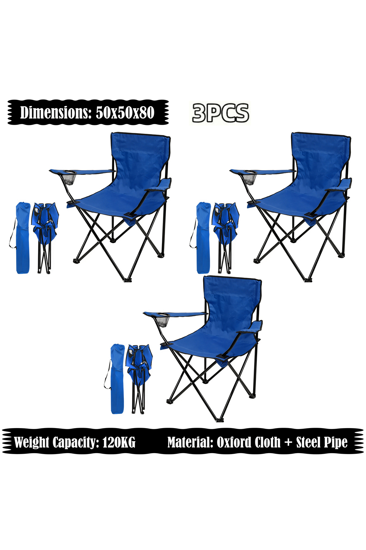 كرسي تخييم قابل للطي مع مساند للذراعين وحامل أكواب، كرسي شاطئ وحديقة قابل للطي (عبوة من 3 قطع)