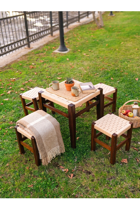 ARMES EV CONCEPT Örmeli Hasır Tabure ve Masa Takımı | 1 Masa - 4 Tabure