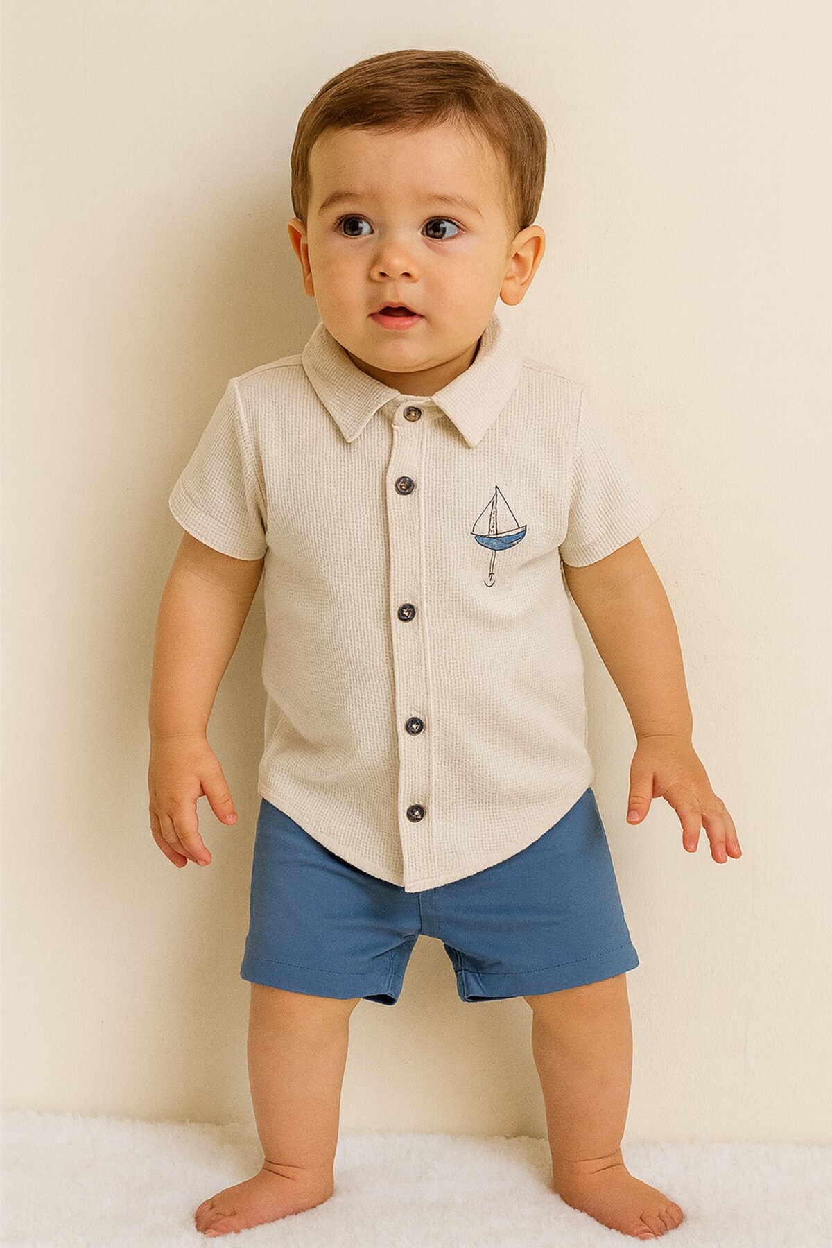 Chicsy Baby Tarz Erkek Bebek Gömlekli Yelken Desenli Belden Ayarlanabilir Kısa Kollu Şortlu 2'li Takım Çocuk ve fotoğrafı 2 (önizleme)