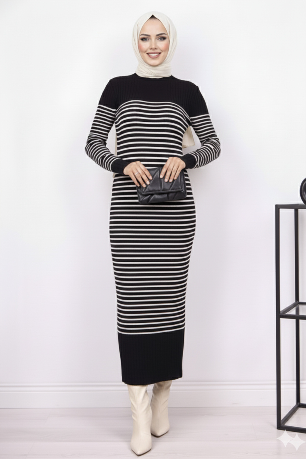 benguen 6104 Balıkçı Yaka Çizgili Elbise Siyah