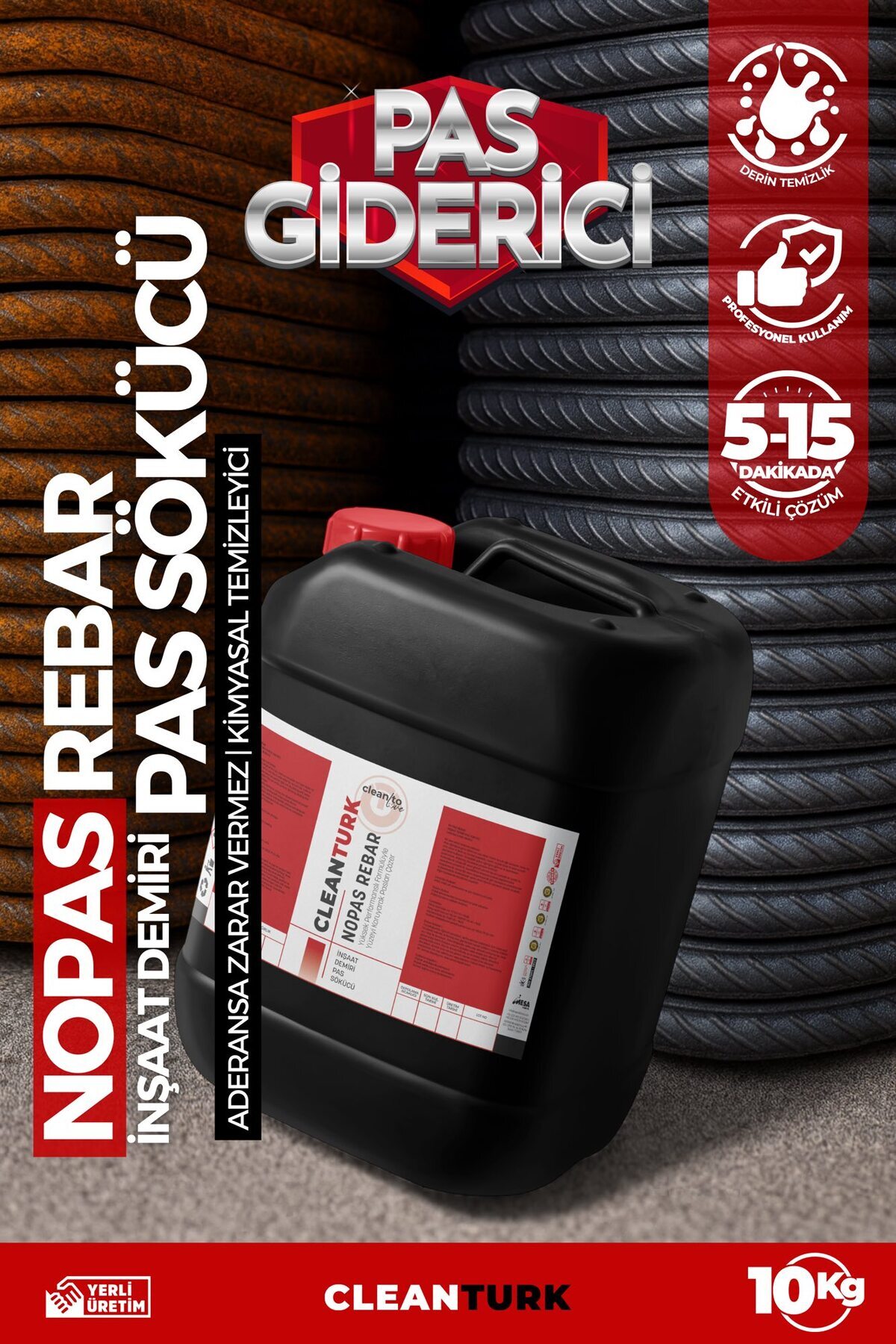 CleanTurk NOPAS REBAR İnşaat Demiri Pas Sökücü | Aderansa Zarar Vermez | Profesyonel Pas Temizleyici 10 KG