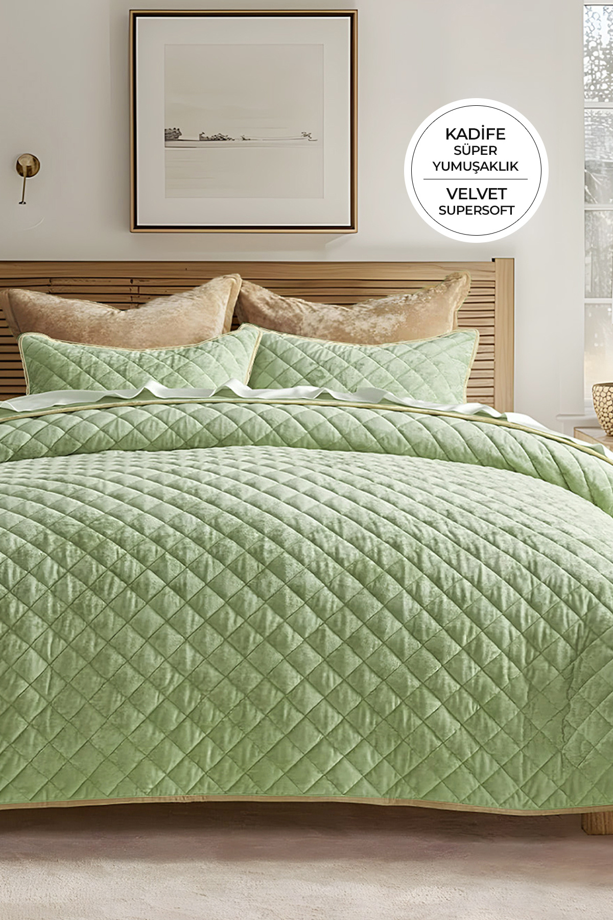 Quilted Velvet Bedspread Set Double Supersoft 3-Piece Soft Fiber Filled Green