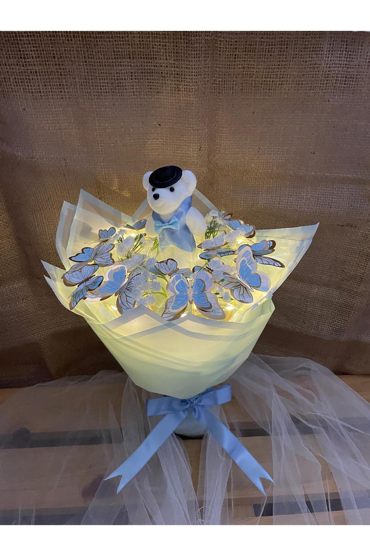 Melonİst Mavi Ledli Kelebek buketi, yenidoğan erkek bebek hediyesi için uygundur. LEDLİ fotoğrafı 2 (önizleme)