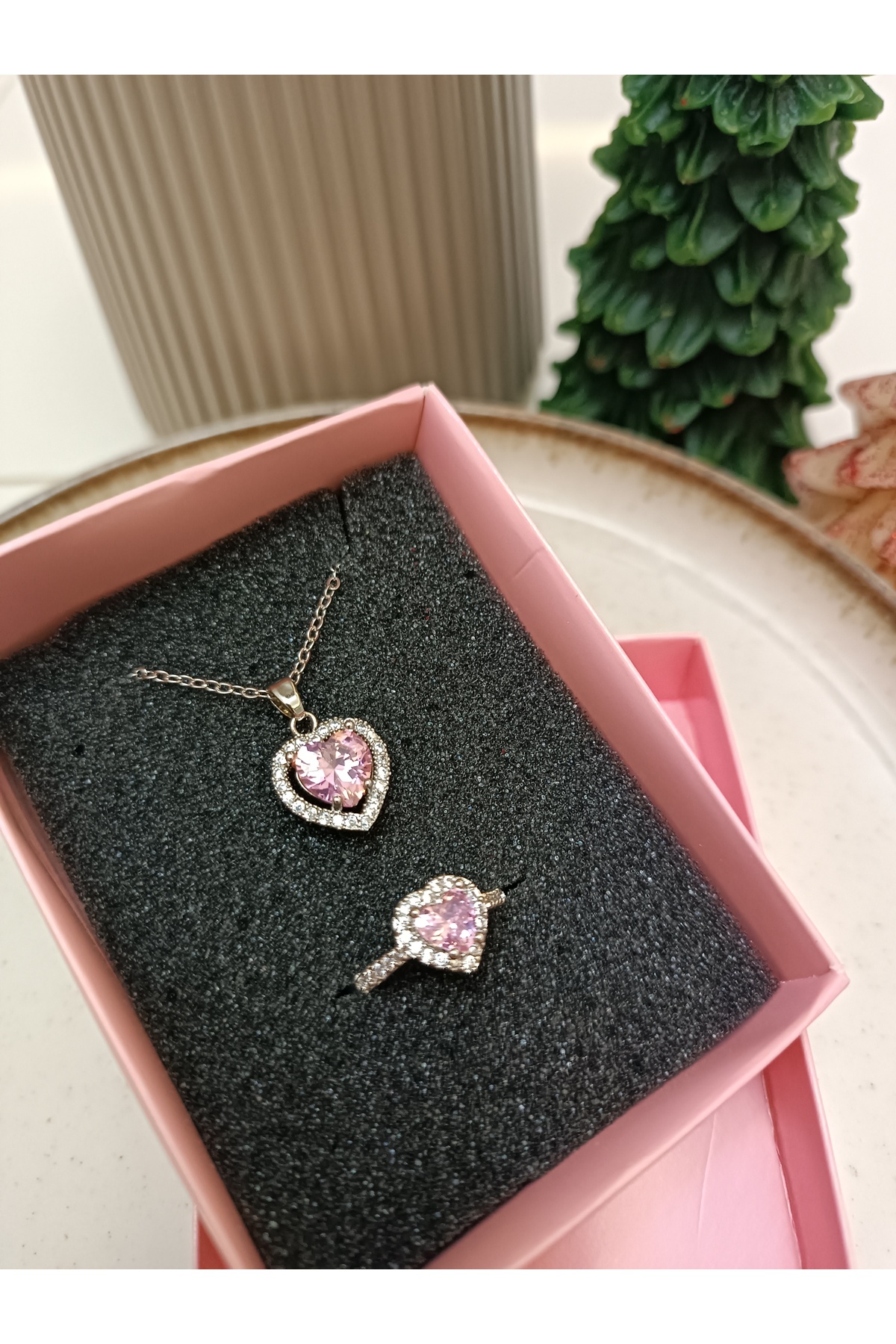 Women's Heart Pink Stone Detailed Boxed Necklace And Ring Jewelry Set