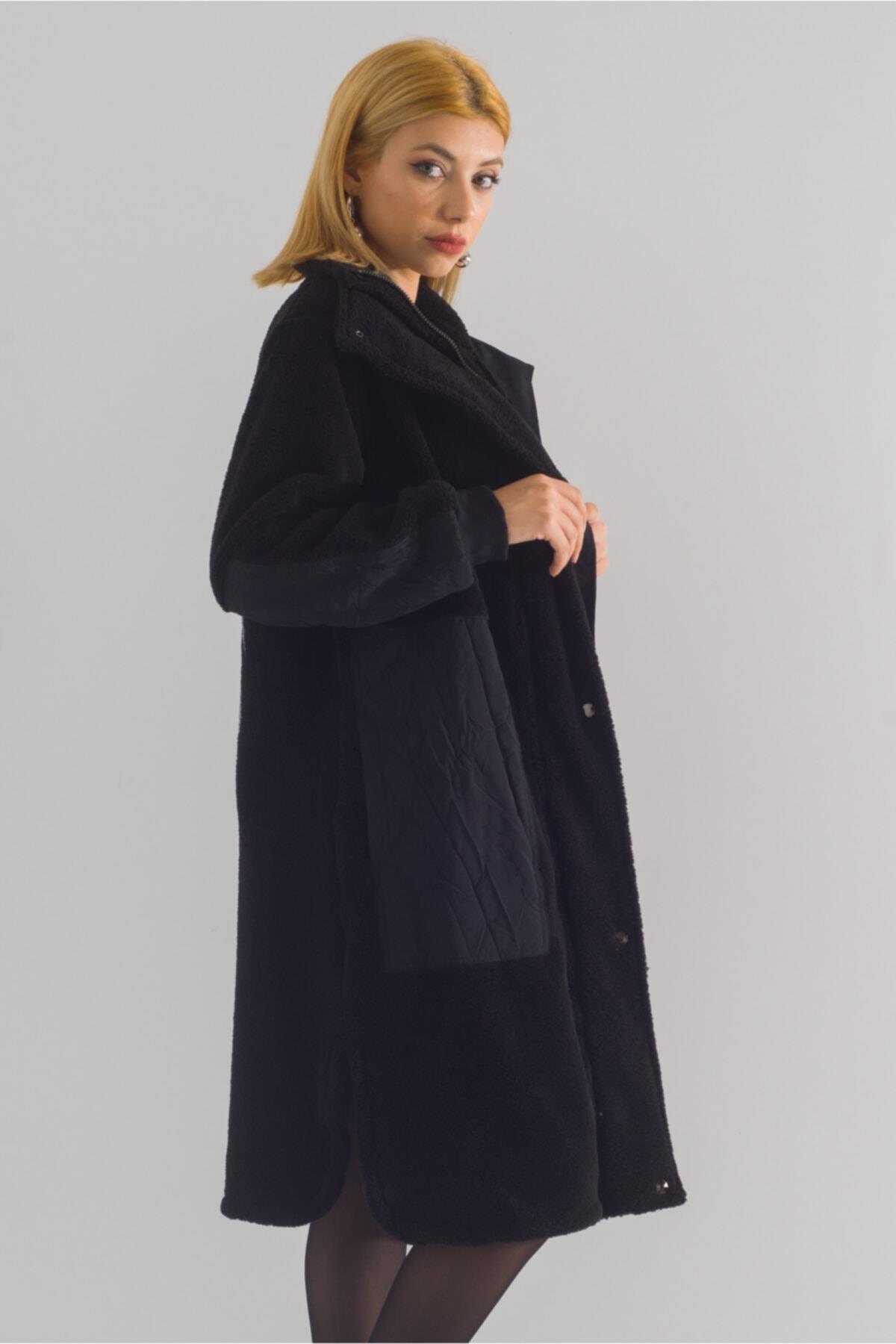 Bold & Young  Dik Yakalı Paraşüt Karışımlı Wellsoft Fermuarlı Çıtçıtlı Manto - Görsel 2