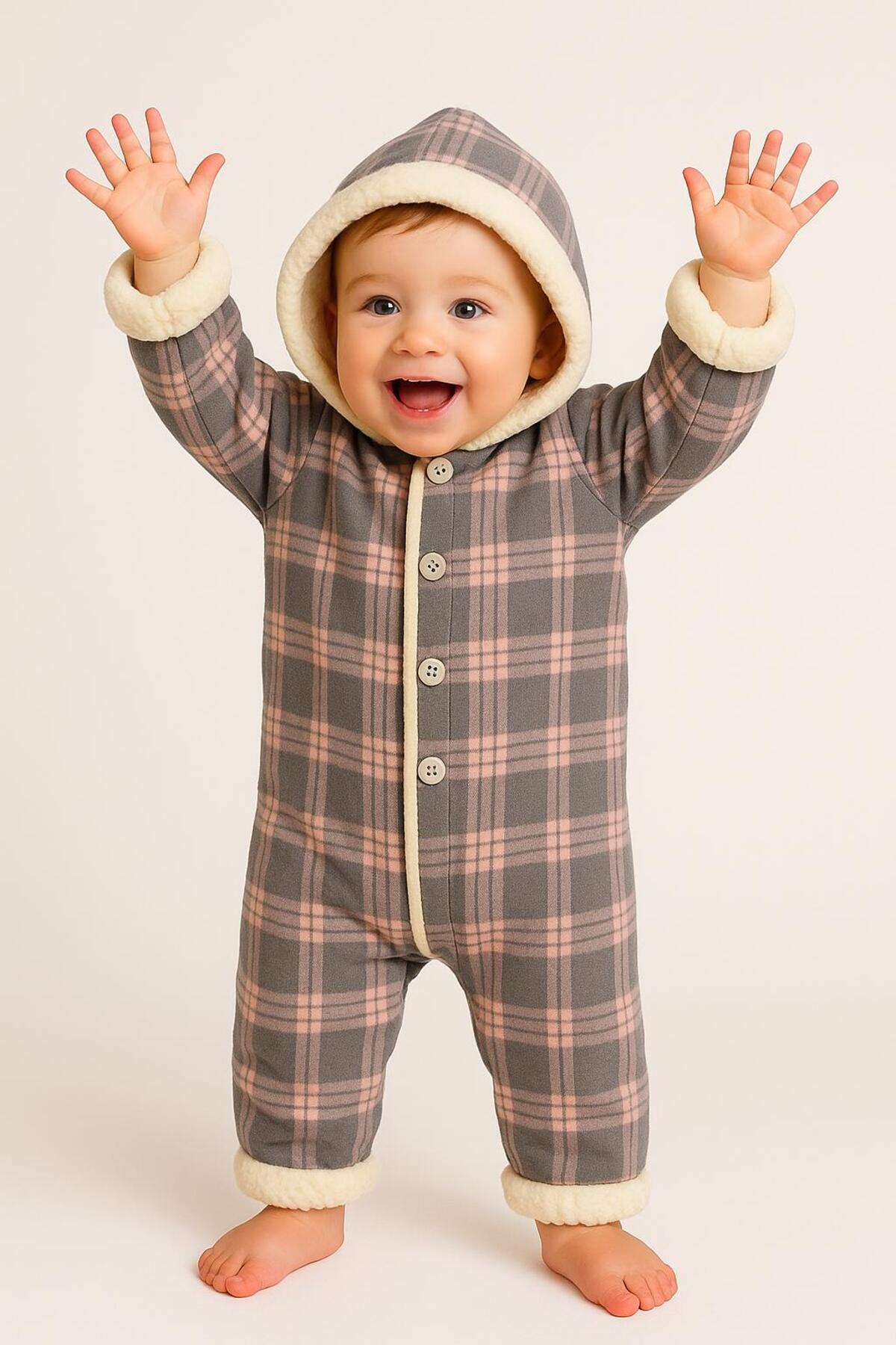 Chicsy Baby Kışlık Tatlı Kareli İçi Peluşlu Kapüşonlu Düğmeli Bebek Tulum fotoğrafı 2 (önizleme)