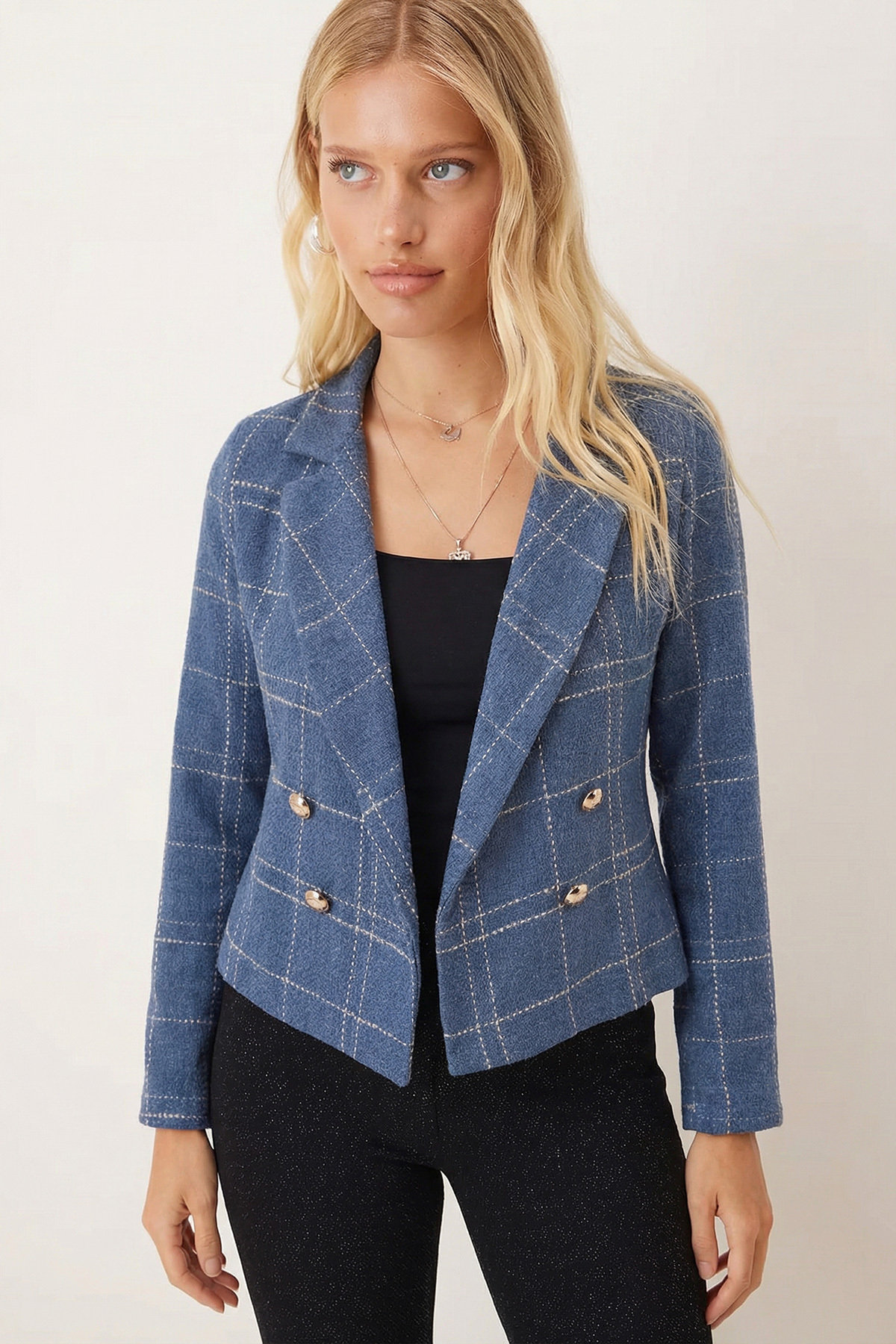 armonika Kadın İndigo-Bej Kruvaze Yaka Tüvit Crop Ceket ARM-24K001014