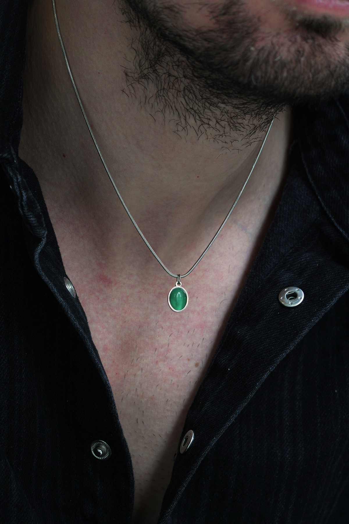 Fjellor Gelmir Yeşil Doğal Taş Detaylı, Gümüş Renk Snake Zincirli Erkek Paslanmaz Çelik Kolye