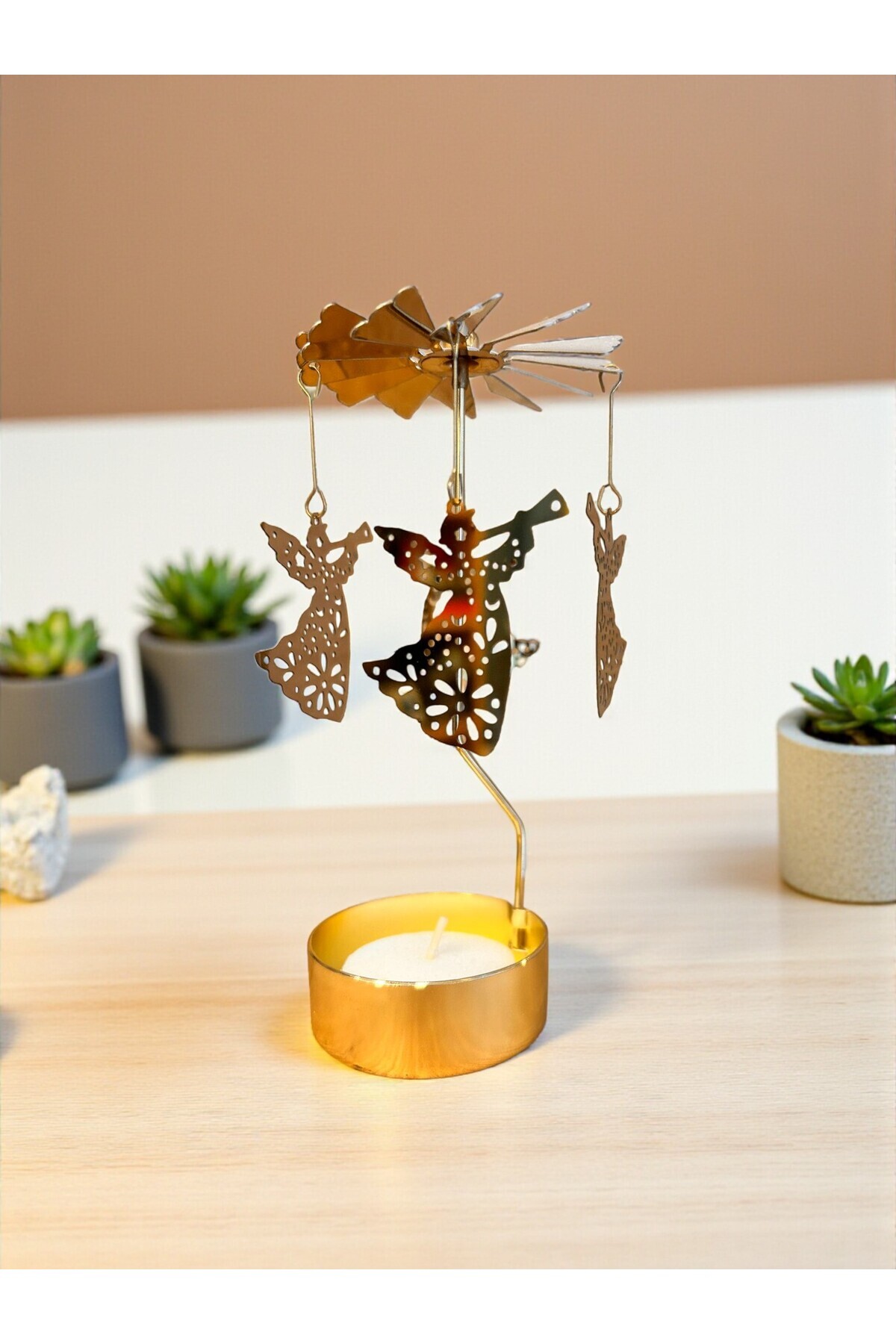 Heat Rotating Metal Candle Holder – Angel Model, Gold Color, Decorative and Meaningful Table Top Candle Holder