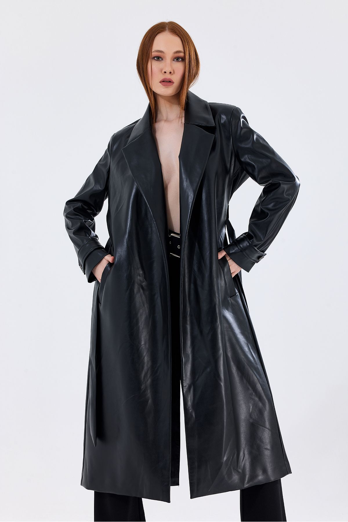Sense Lined Belted Waist Belted Epaulettes Faux Leather Trench