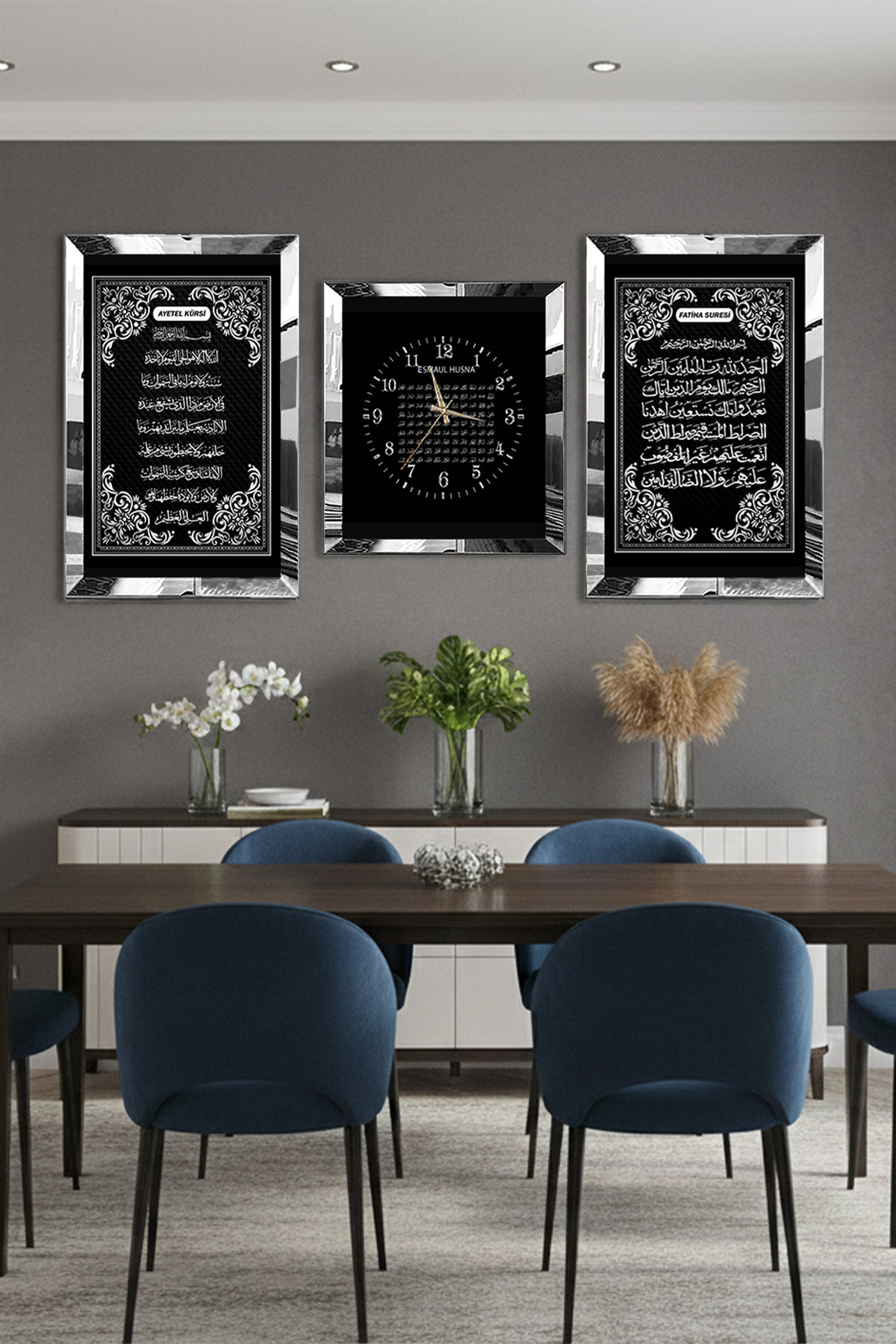 Zevahir Mobilya Dekorasyon Ayetel Kürsi Fatiha Süresi Ve Esmaül Hüsna Pleksi Kenar Üçlü Mdf Tablo Seti Ve Saat Seti