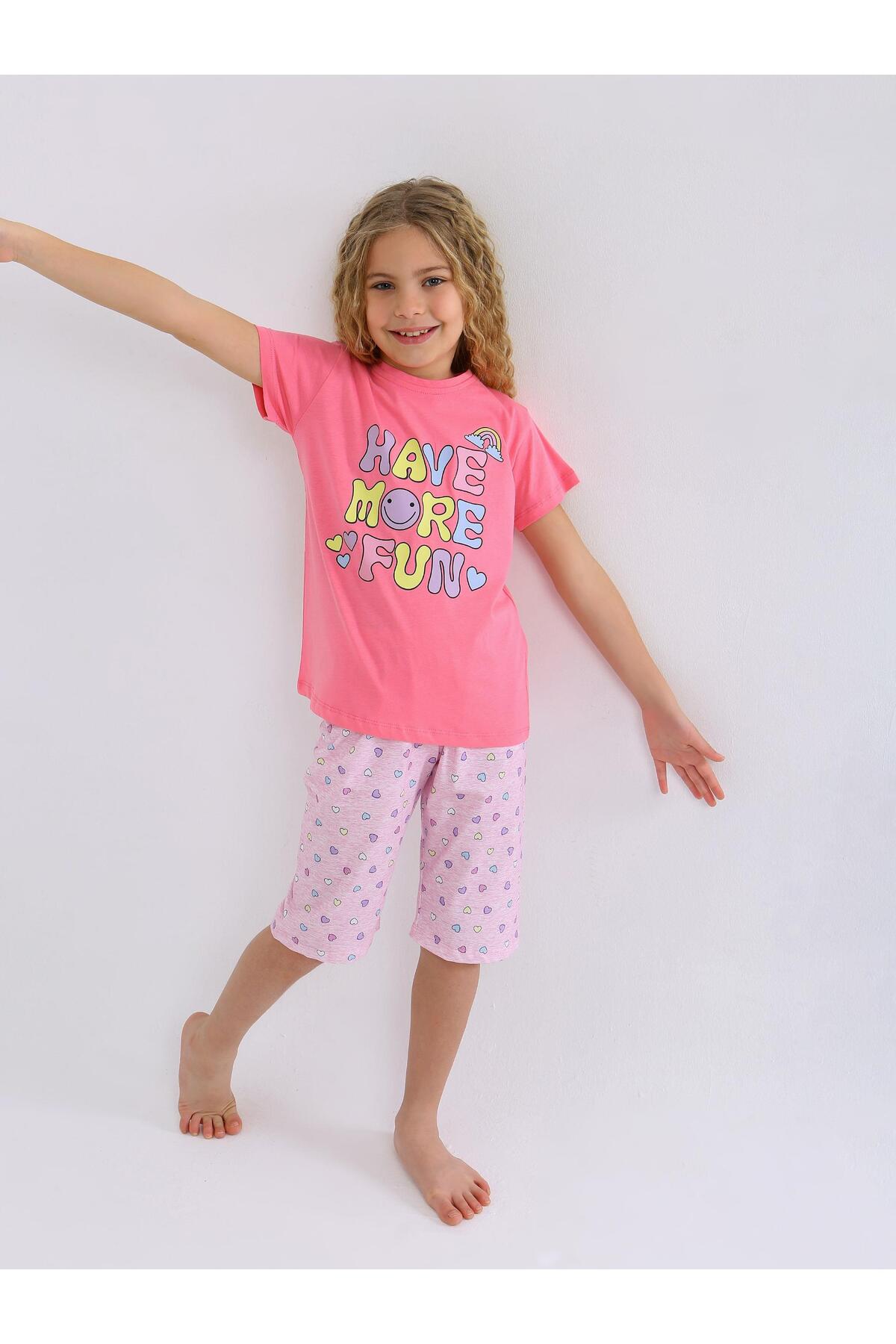 vitmo Kız Çocuk Kısa Kollu Kapri %100 Pamuklu Pijama Takımı More Fun fotoğrafı 6 (önizleme)