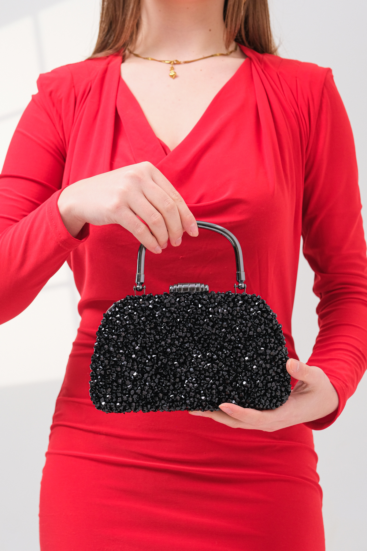 ROZA CANTA Kadın Siyah Taşlı Abiye Clutch Portföy Çanta görsel 6