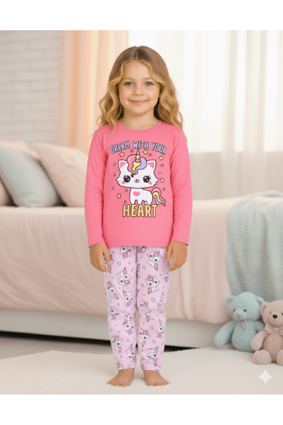 vitmo Kız Çocuk Uzun Kollu %100 Pamuklu Pijama Takımı Unicat fotoğrafı 2 (önizleme)