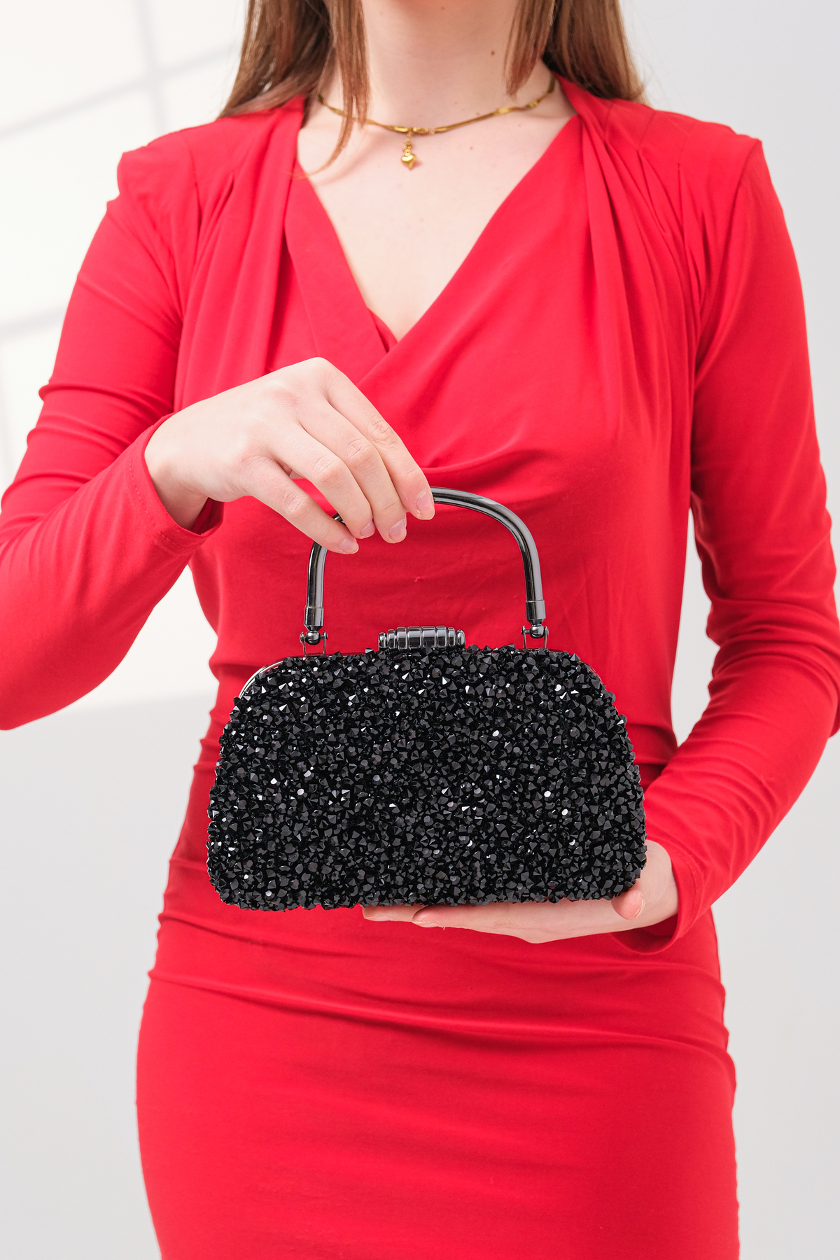 ROZA CANTA Kadın Siyah Taşlı Abiye Clutch Portföy Çanta görsel 3