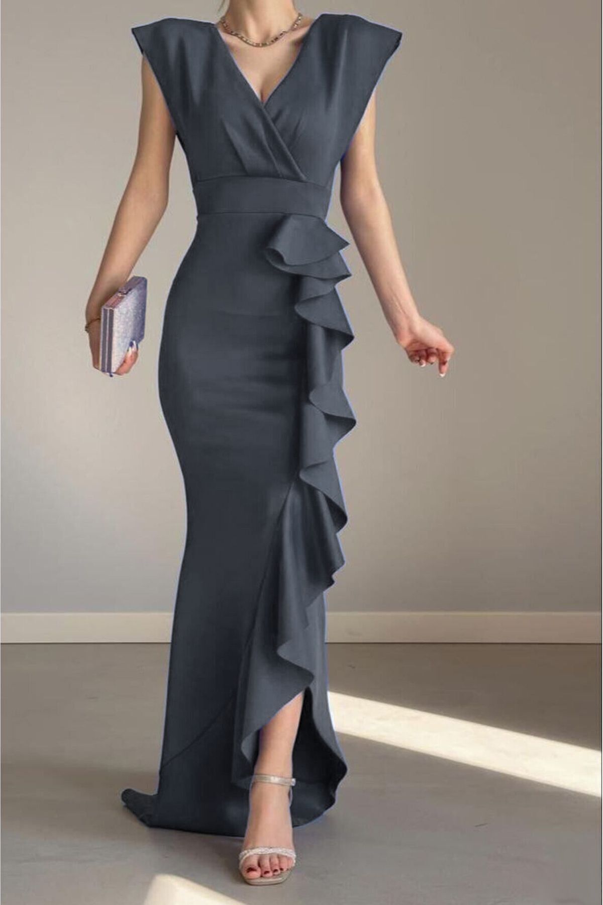 Women's Gray Scuba Diving Fabric Wrap Collar Skirt Flywheel Evening Dress Graduation Wedding Dress