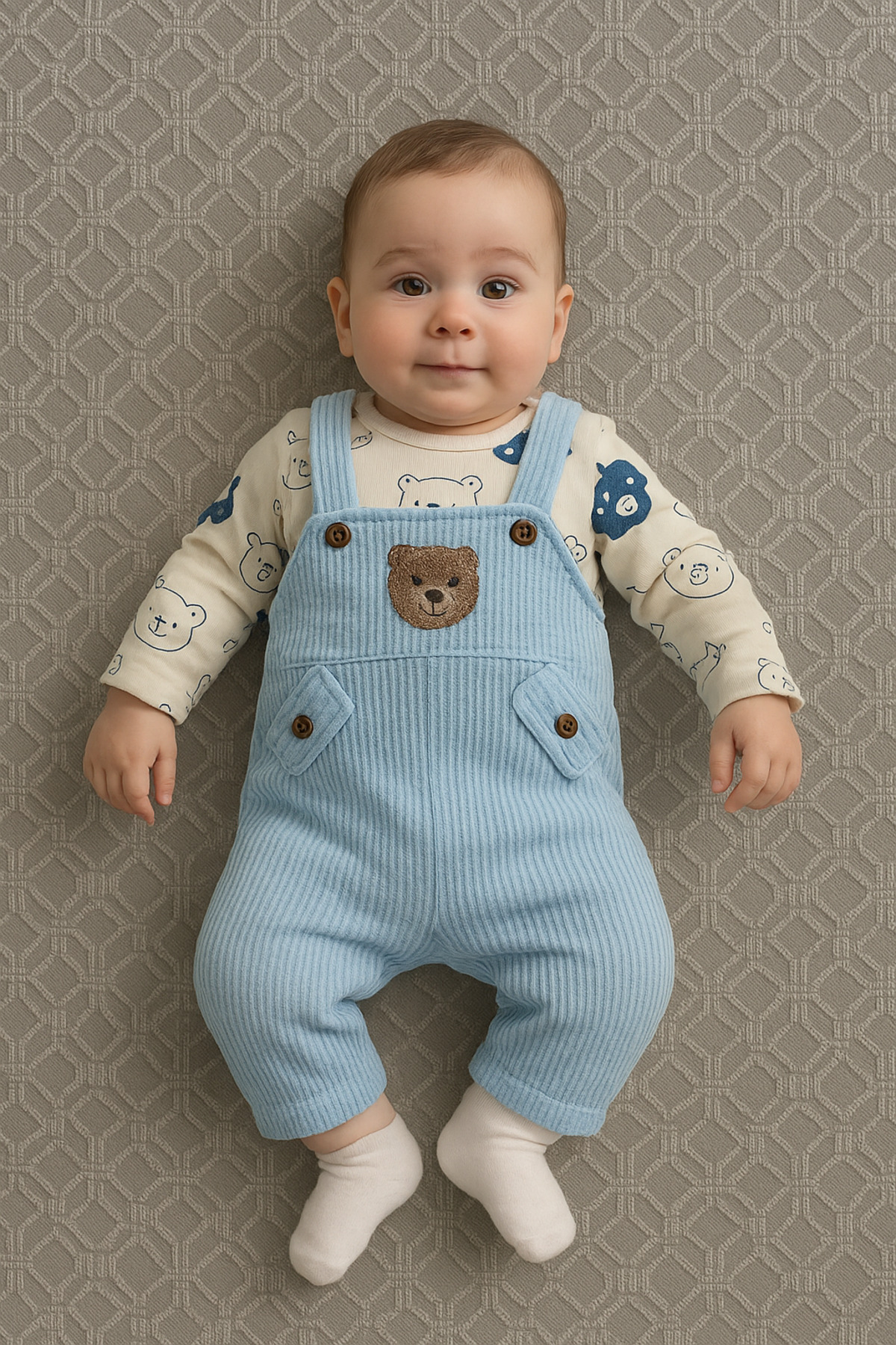 Bear Embroidered Baby Boy Rompers 3-Piece Jumpsuit Set – Bodysuit, Jumpsuit and Socks | 3-6-9 Months Baby Clothes