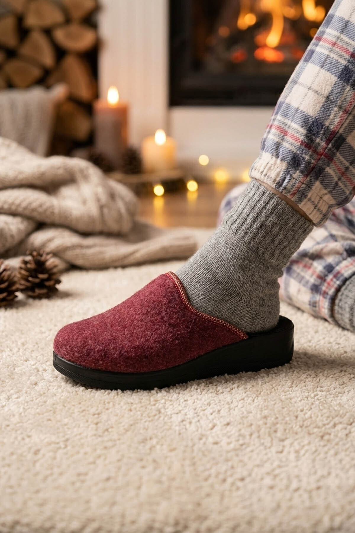 GEZER Luna Kadın Kışlık Yüksek Topuk Keçe Ev Bahçe Terlik