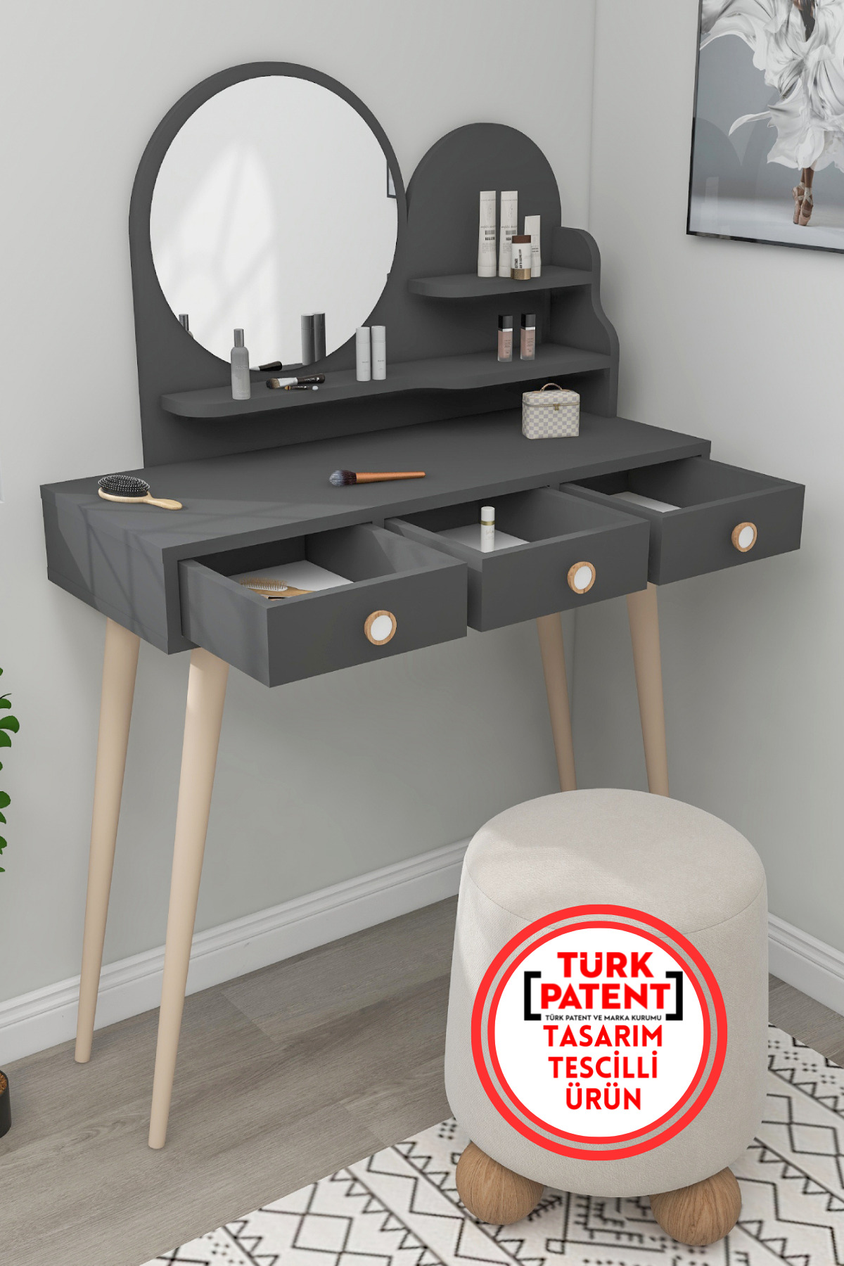 Ruges Mirrored Makeup Table Anthracite | Modern Makeup and Cosmetic Table with Wooden Legs with Drawers