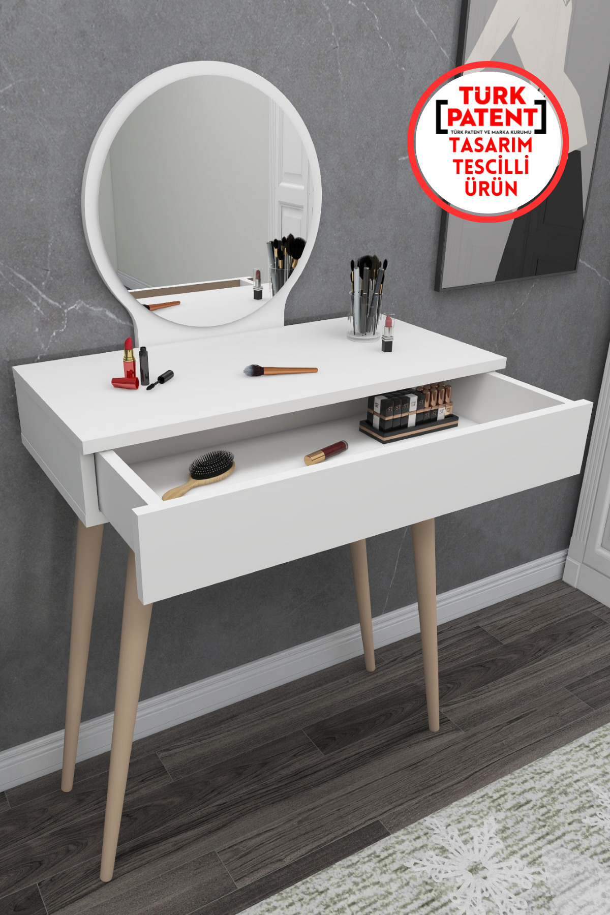 Siena Mirrored Makeup Table White | Modern Cosmetics and Care Table with Wooden Legs with Drawers