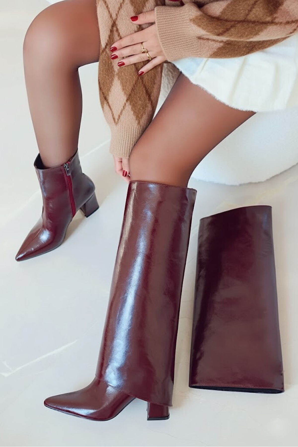 leopar by çetinay 915 Livana - Tozluk Detaylı Tak-Çıkar Aparatlı Sivri Burun Topuklu Fermuarlı Kadın Çizme Bot