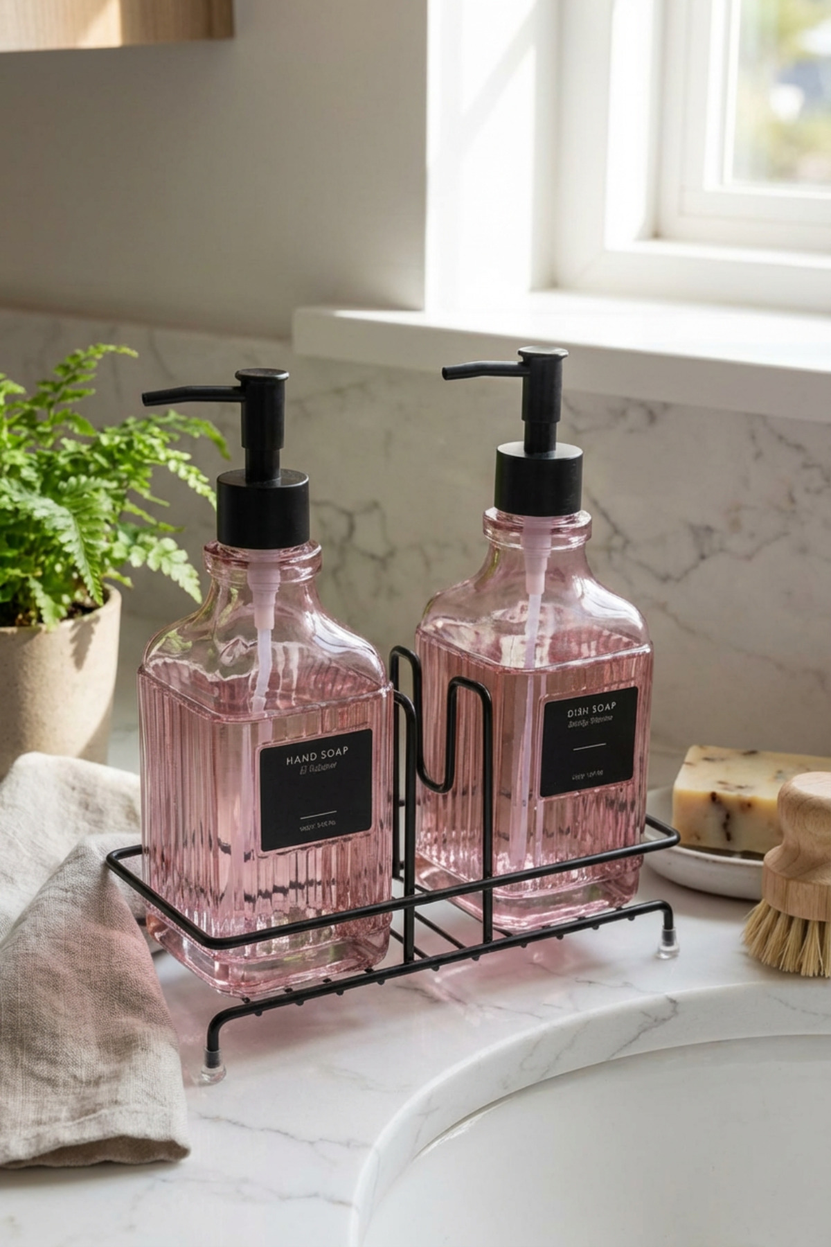 Modern Striped Pattern Glass Double Liquid Soap Dispenser & Detergent Set, Pink- 500 Ml Glass Soap Dispenser