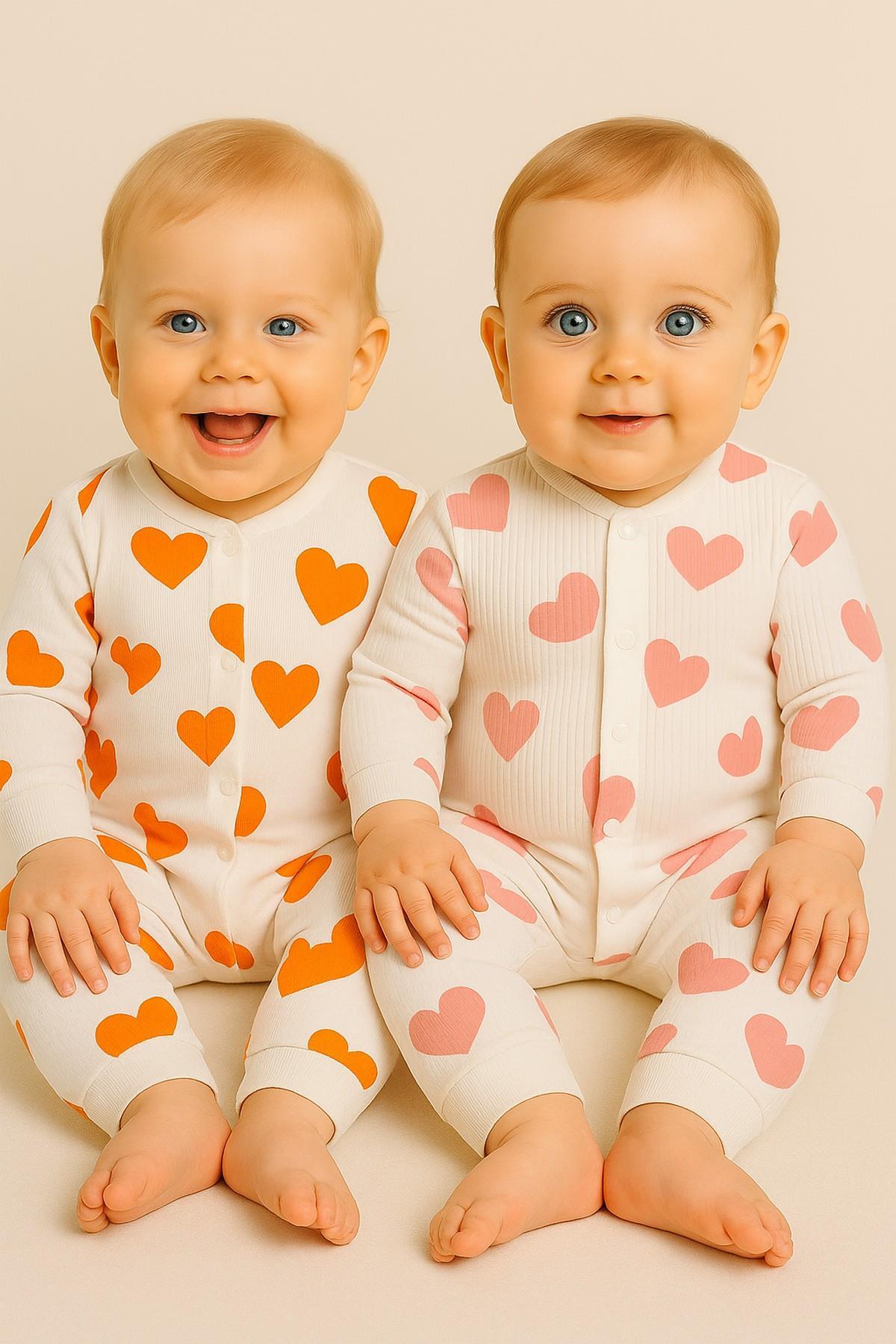 Baby Jumpsuit 2pcs Set-(2pcs Jumpsuit) Large Heart Printed Snap Fastener Jumpsuit Set 100%Cotton 1-3-6 Months