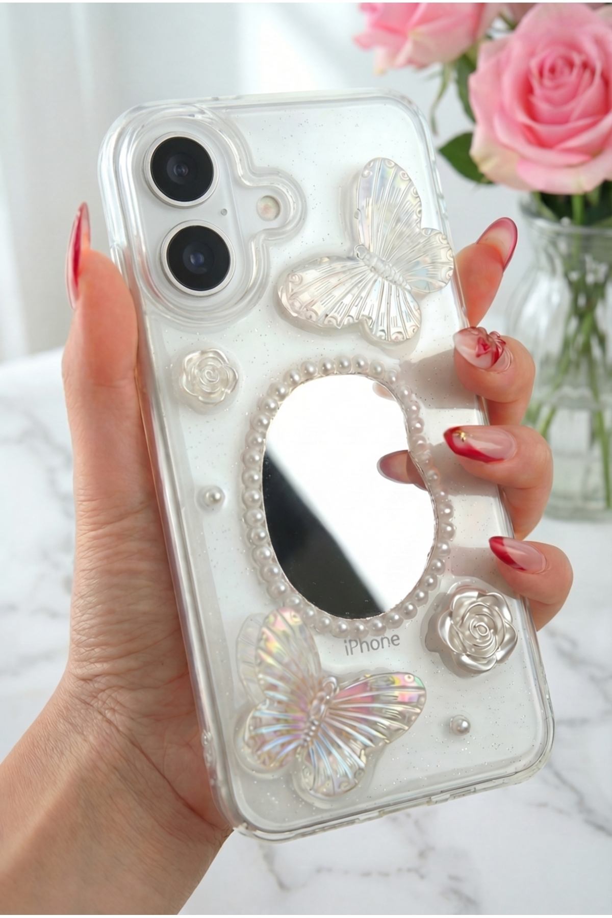 iPhone 16 Plus Case 3D Butterfly Rose Mirror Silvery Clear Design Silicone Cover
