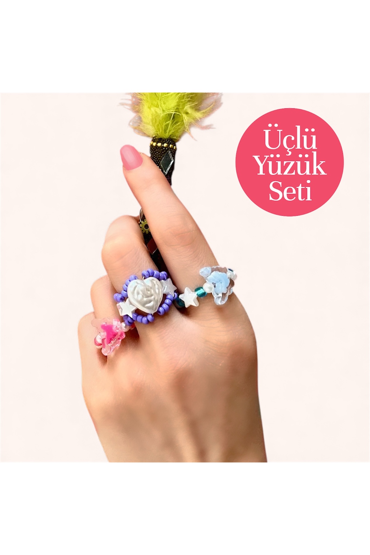 FALAVİ  Renkli Boncuklu Üçlü Yüzük Seti