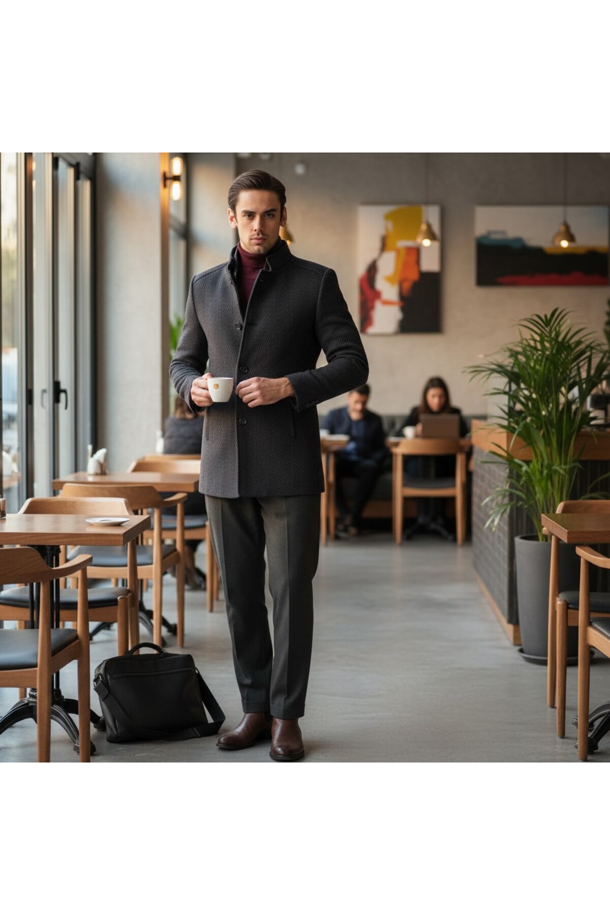 Frappoli Dik Yaka Desenli Erkek Kalın Kaşe Kaban-palto Çıkma Şal Yakalı Standart Fit