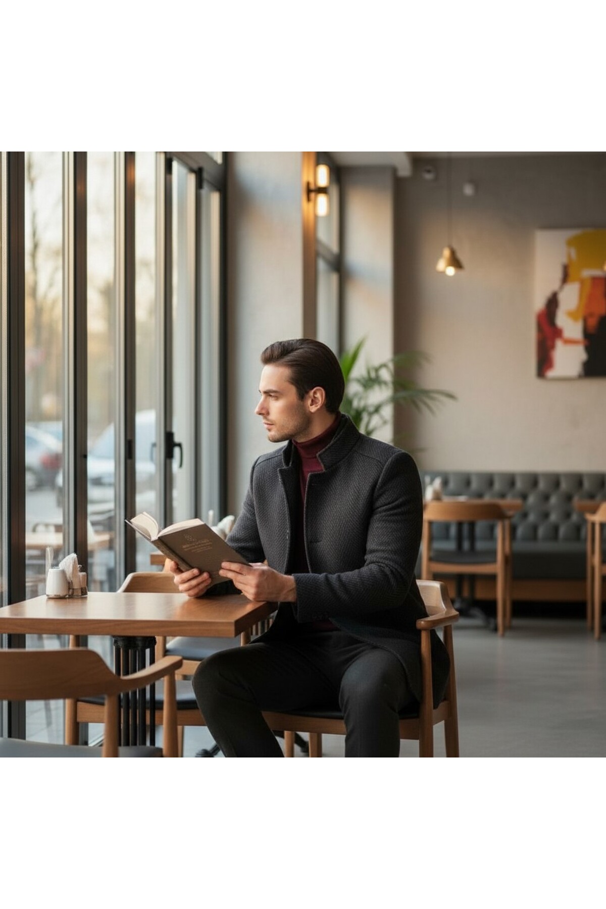 Frappoli Dik Yaka Desenli Erkek Kalın Kaşe Kaban-palto Çıkma Şal Yakalı Standart Fit görsel 3