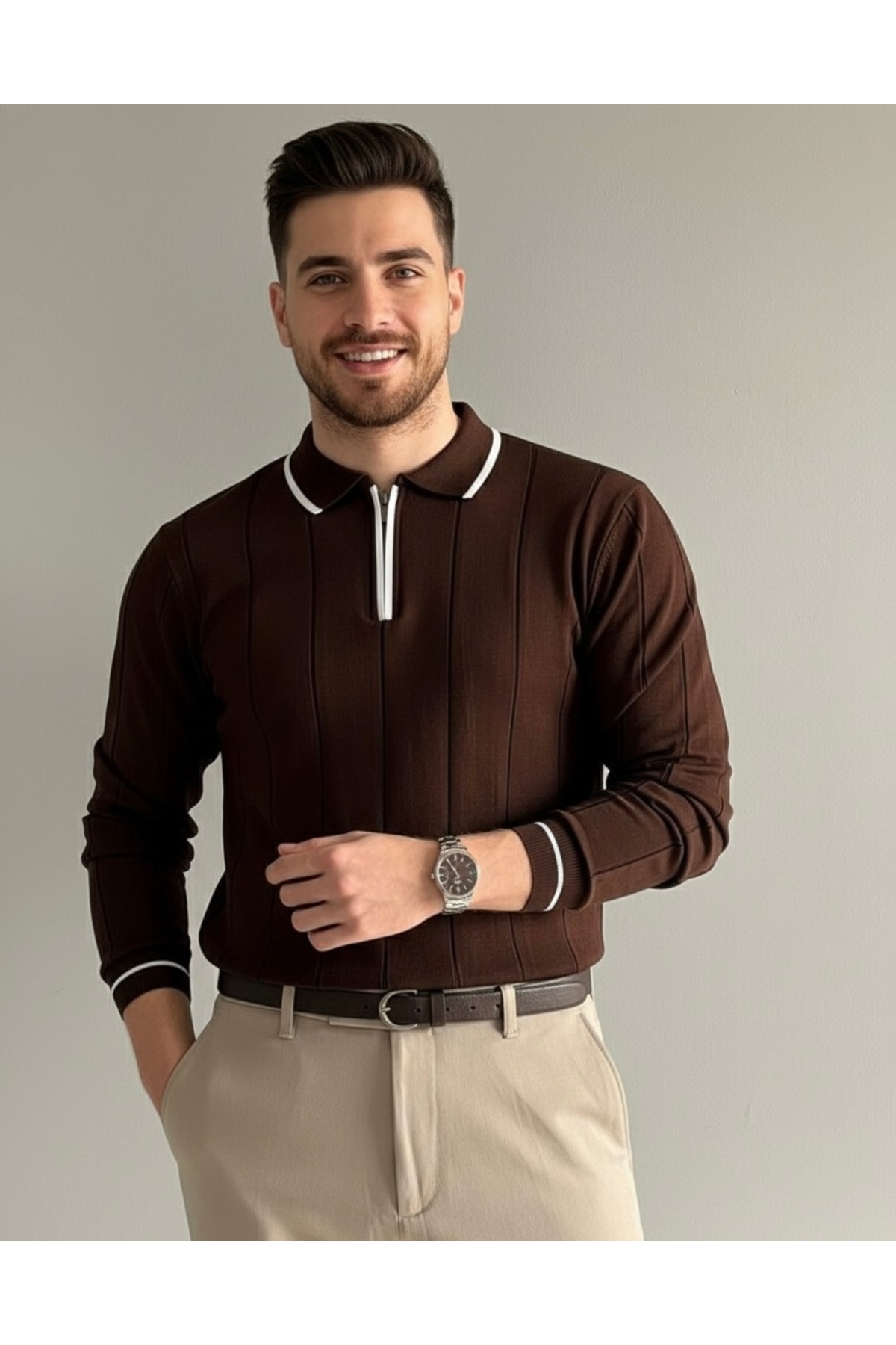 Giyimodam  Erkek Fermuarlı Polo Yaka Çizgili Kahverengi Örme Triko