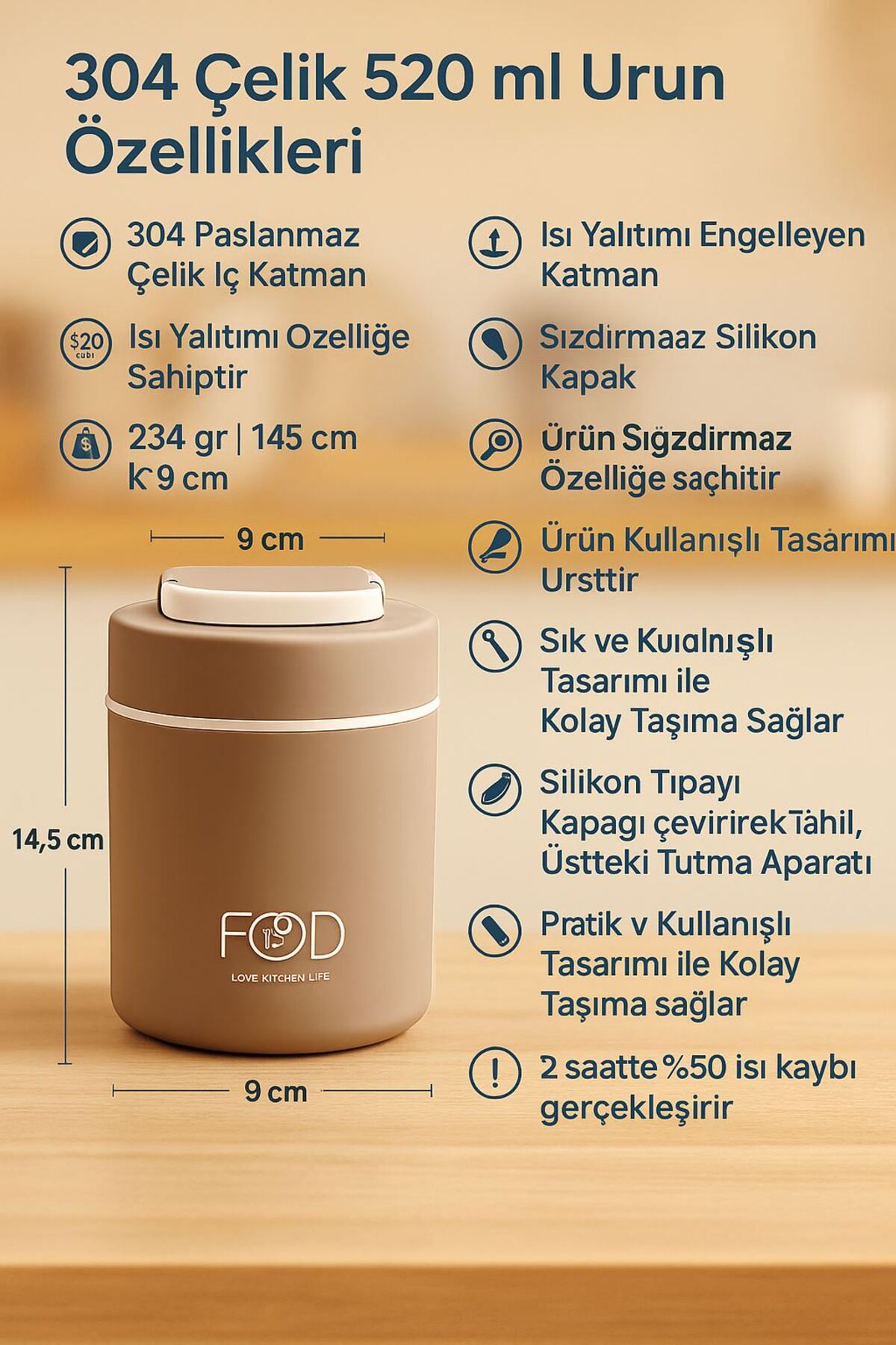 Weather Forecast 304 Çelik Kahverengi 520 ml Yemek Mama Saklama Kabı (SICAK TUTMAZ) cin418khv fotoğrafı 5 (önizleme)