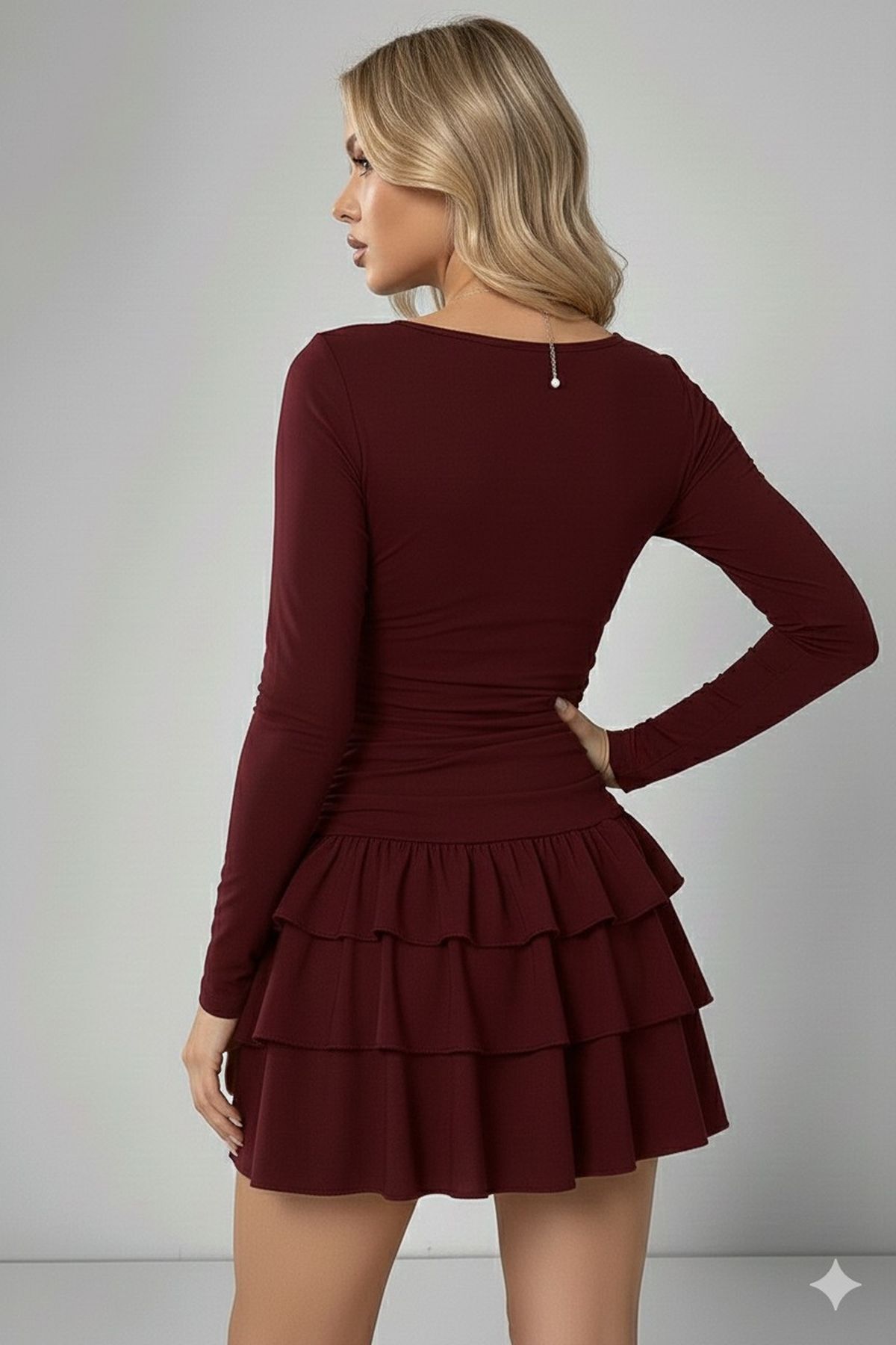 REY-VİA  Eteği Kat Kat Volanlı Mini Elbise Tam Kalıp Bordo - Görsel 3