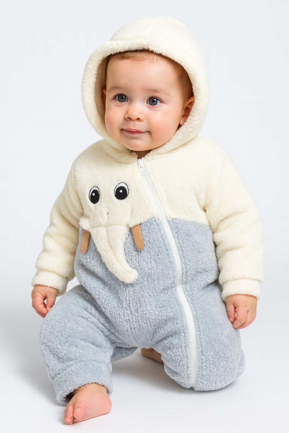 Chicsy Baby Unisex Bebek Fil Desenli Kapüşonlu Peluş Tulum fotoğrafı 2 (önizleme)