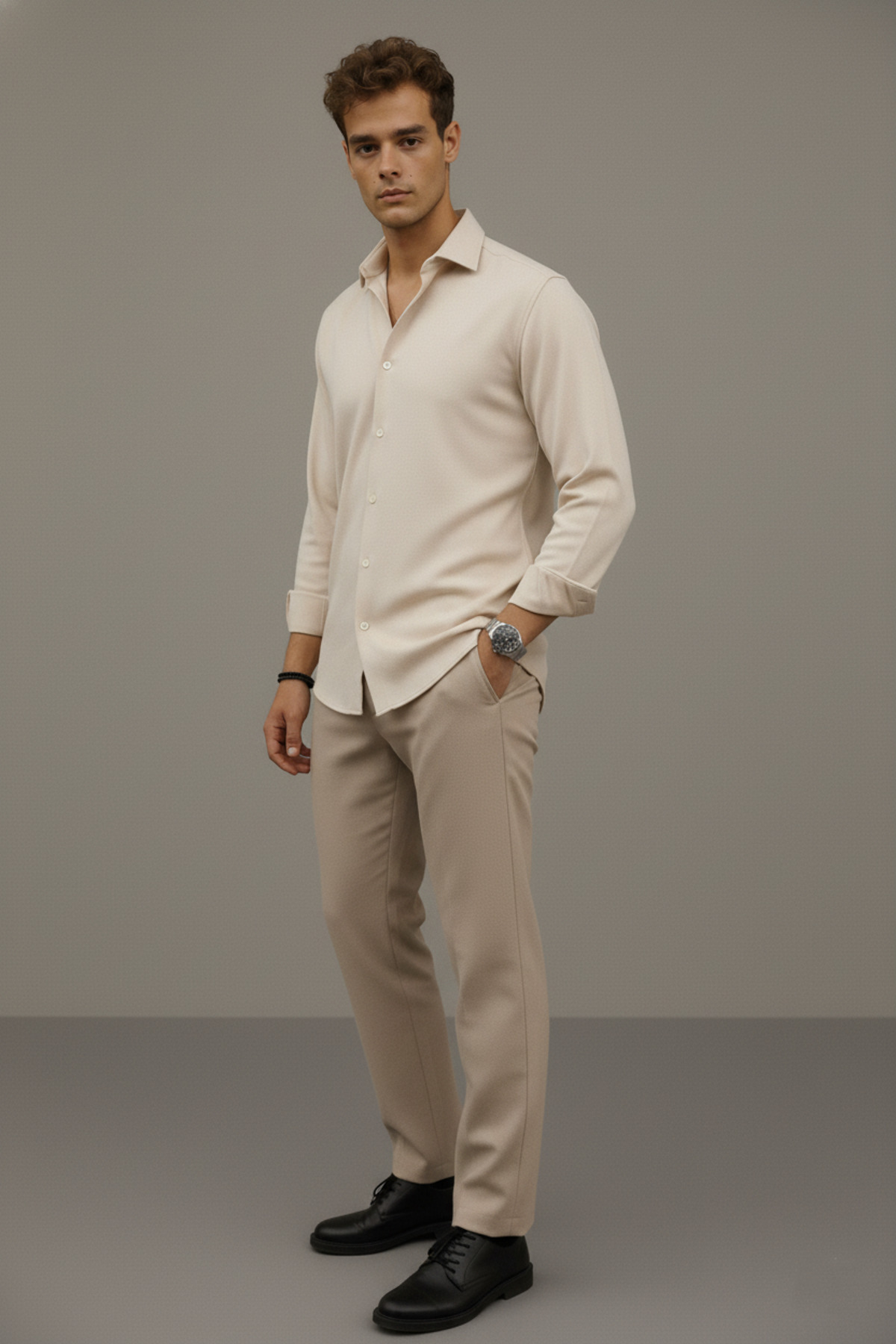 Bürke  Sofya Keten Krem Yarım Oversize Erkek Gömlek - Görsel 5