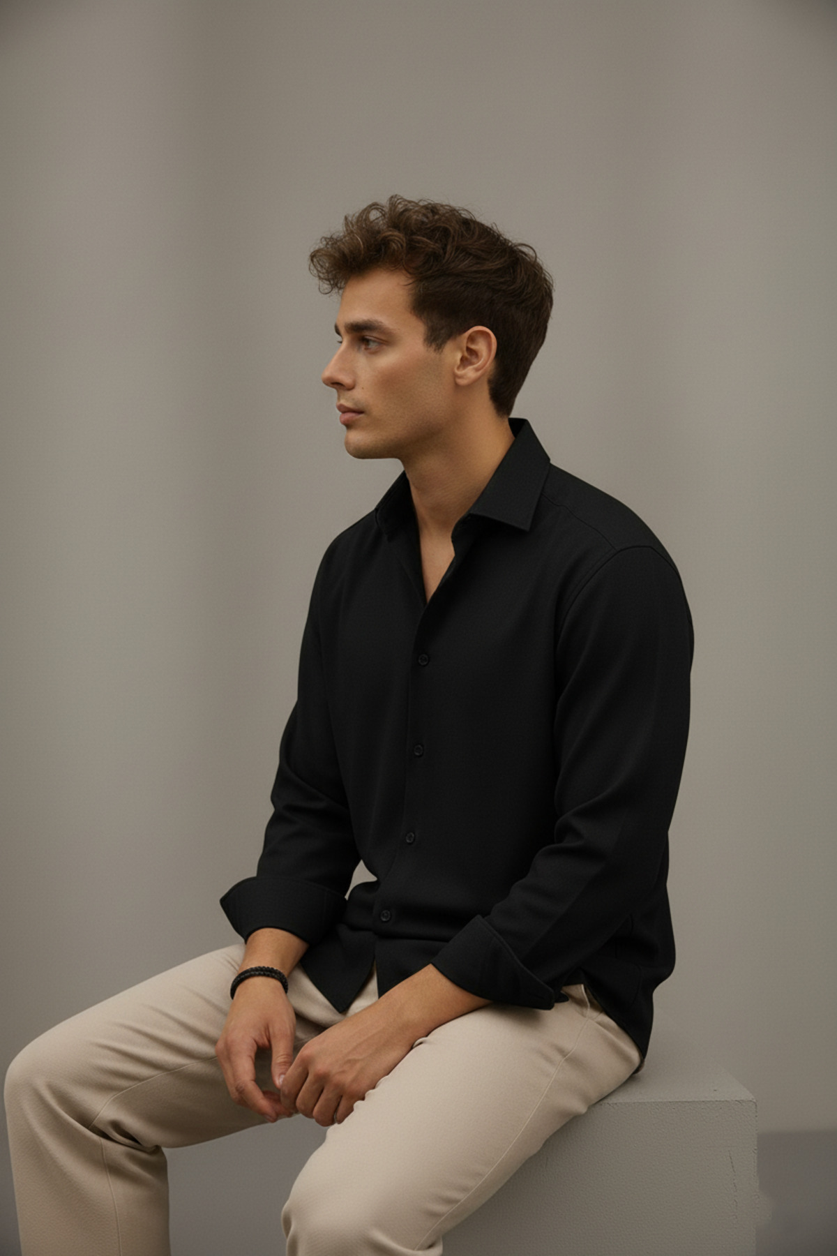 Bürke  Sofya Keten Siyah Yarım Oversize Erkek Gömlek - Görsel 7